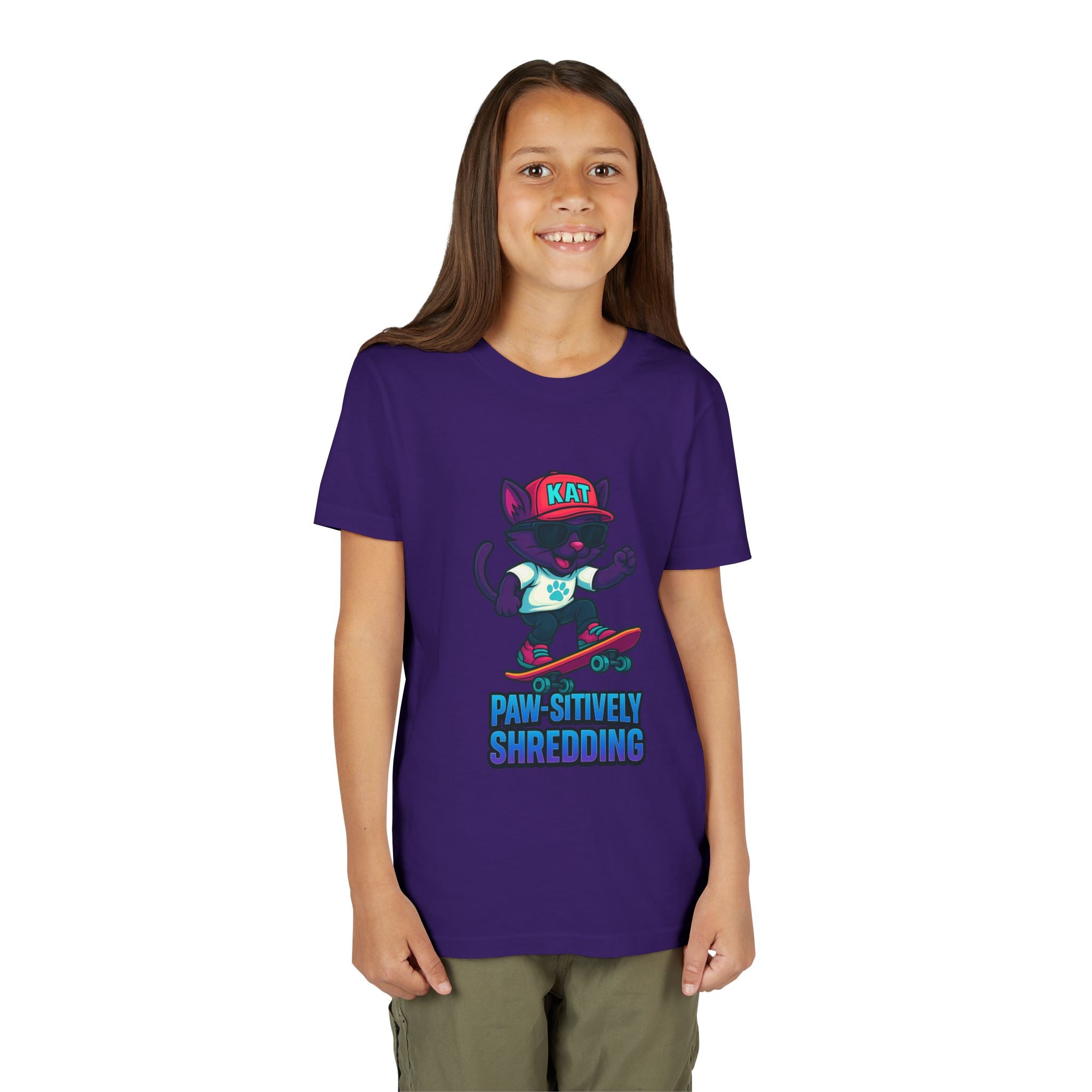 DJ KAT PAWS Paw-sitively Shredding, Skateboarding Youth Tee | Fun Summer Shirt, Motivational Kids T-Shirt, Birthday Gift for Boys & Girls