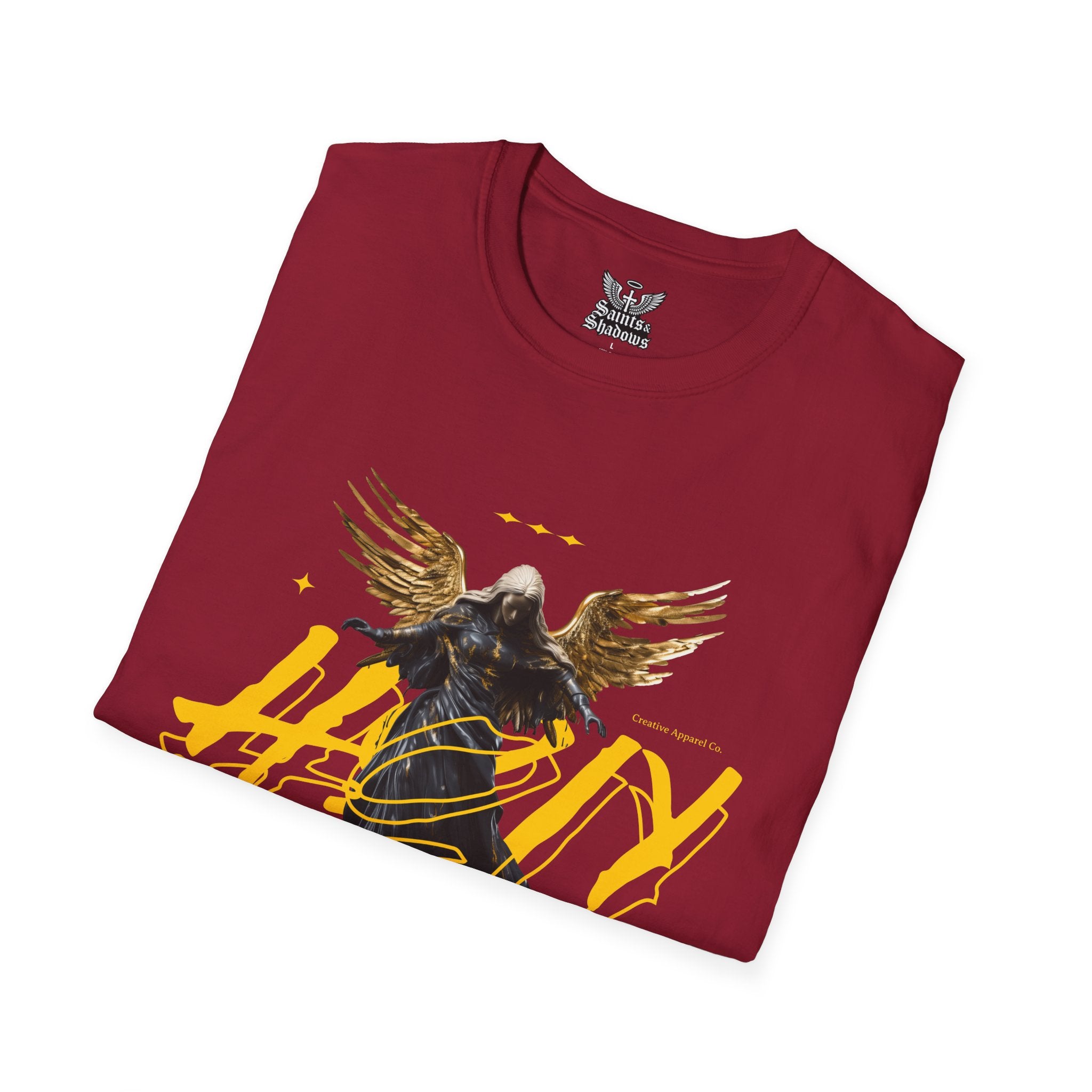 Saints and Shadows - Holy Wings, Angelic Artwork Unisex Softstyle T-Shirt, Casual Wear
