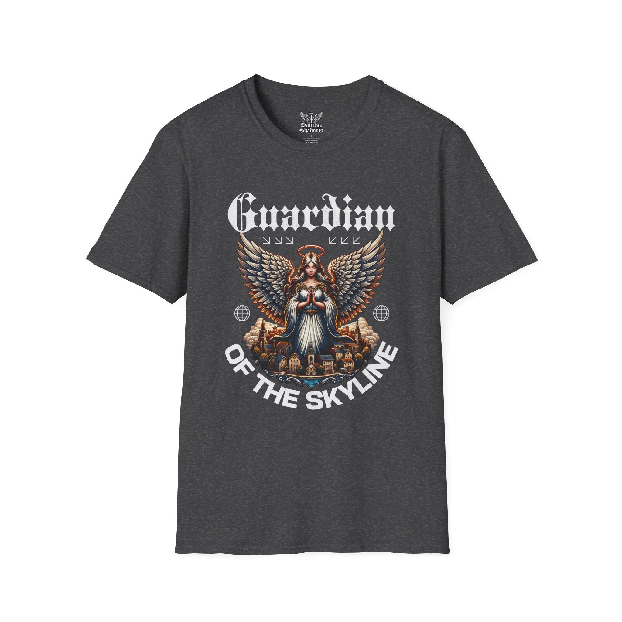 Saints and Shadows - Guardian of the Skyline, Angelic Artwork Unisex Softstyle T-Shirt, Casual Wear