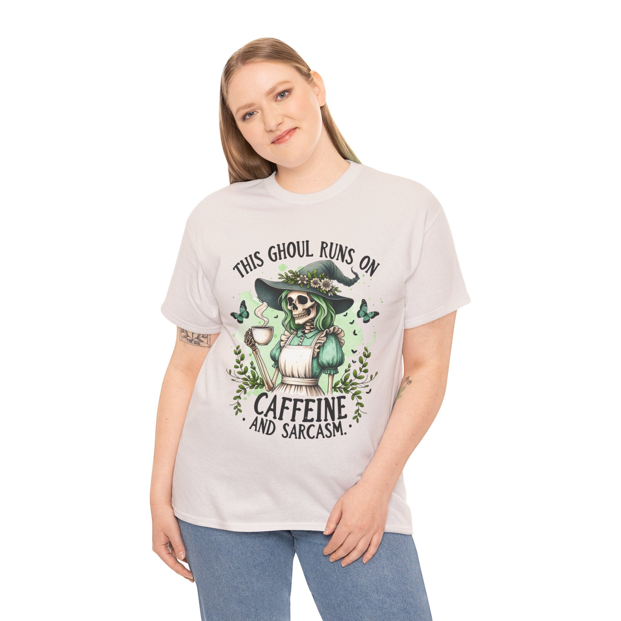 Caffeine and Sarcasm, Funny Halloween Tee, Unisex Tee, Perfect for Gifting, October Festivities, Casual Wear, Skeleton Graphic Tee