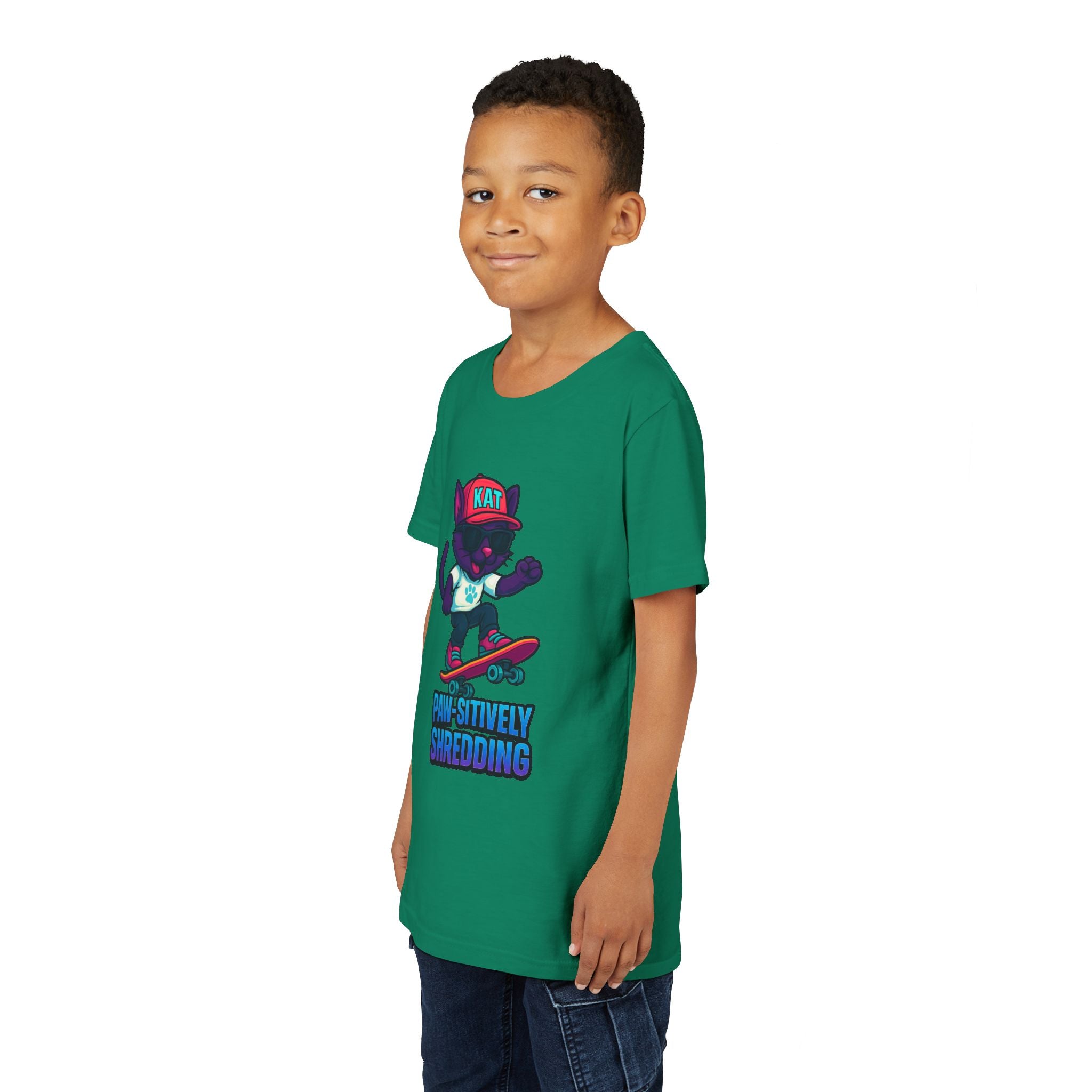 DJ KAT PAWS Paw-sitively Shredding, Skateboarding Youth Tee | Fun Summer Shirt, Motivational Kids T-Shirt, Birthday Gift for Boys & Girls