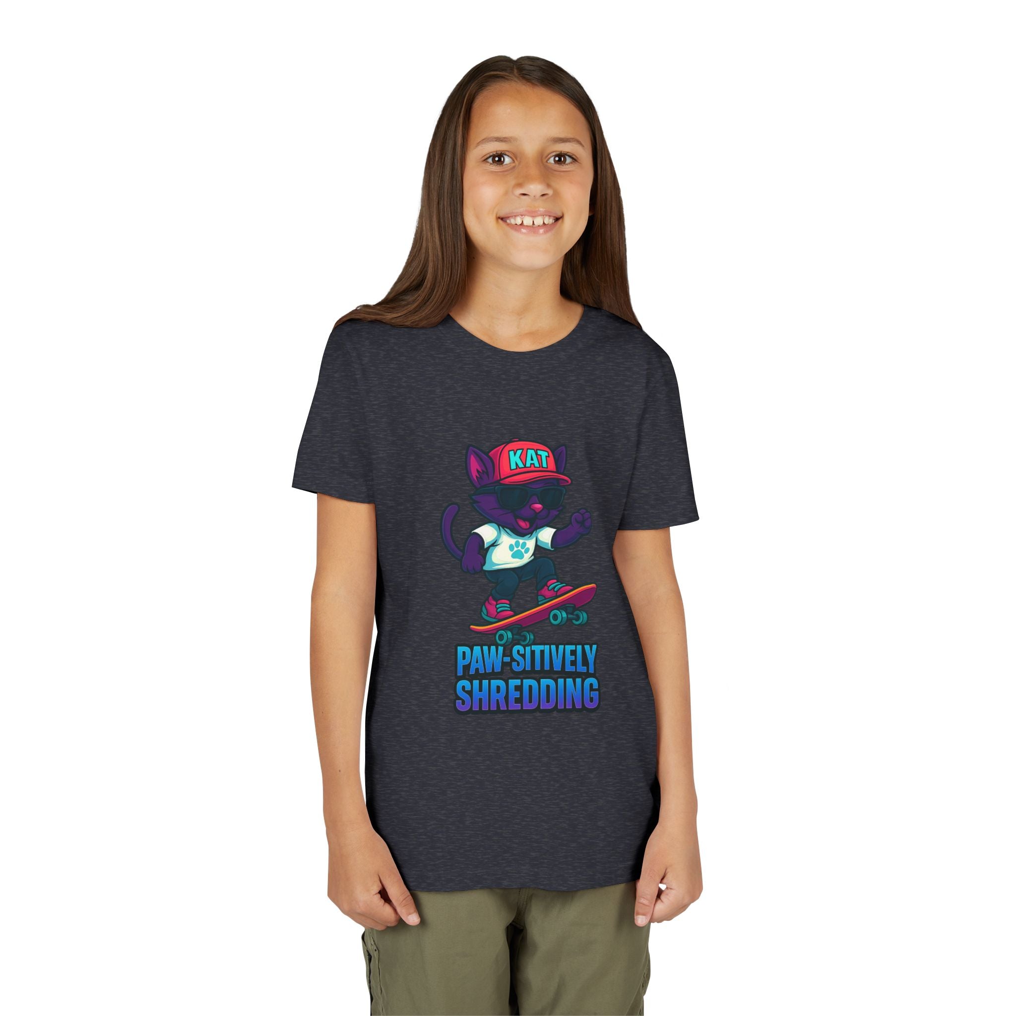 DJ KAT PAWS Paw-sitively Shredding, Skateboarding Youth Tee | Fun Summer Shirt, Motivational Kids T-Shirt, Birthday Gift for Boys & Girls