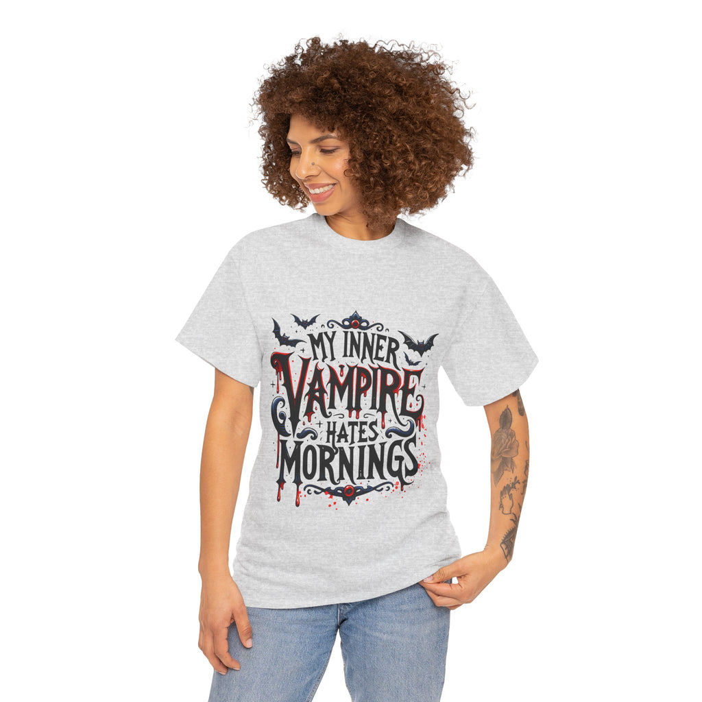 My Inner Vampire Hates Mornings, Tee - Unisex Heavy Cotton Shirt for Halloween, Gifts, Casual Wear, Funny T-Shirt, Vampire Lover Apparel