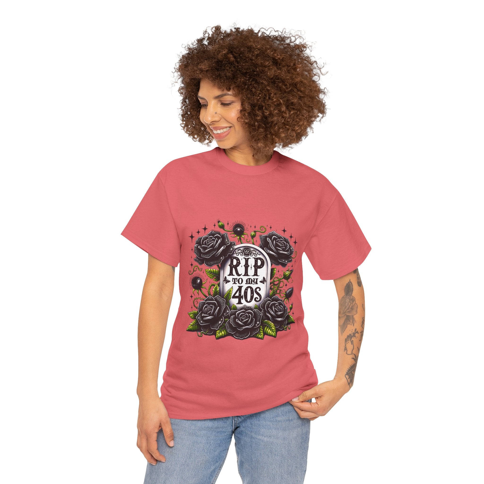 RIP to My 40s Tee, Heavy, Unisex Graphic Shirt, Birthday Gift, Casual Wear, Vintage Style, Floral Design T-shirt