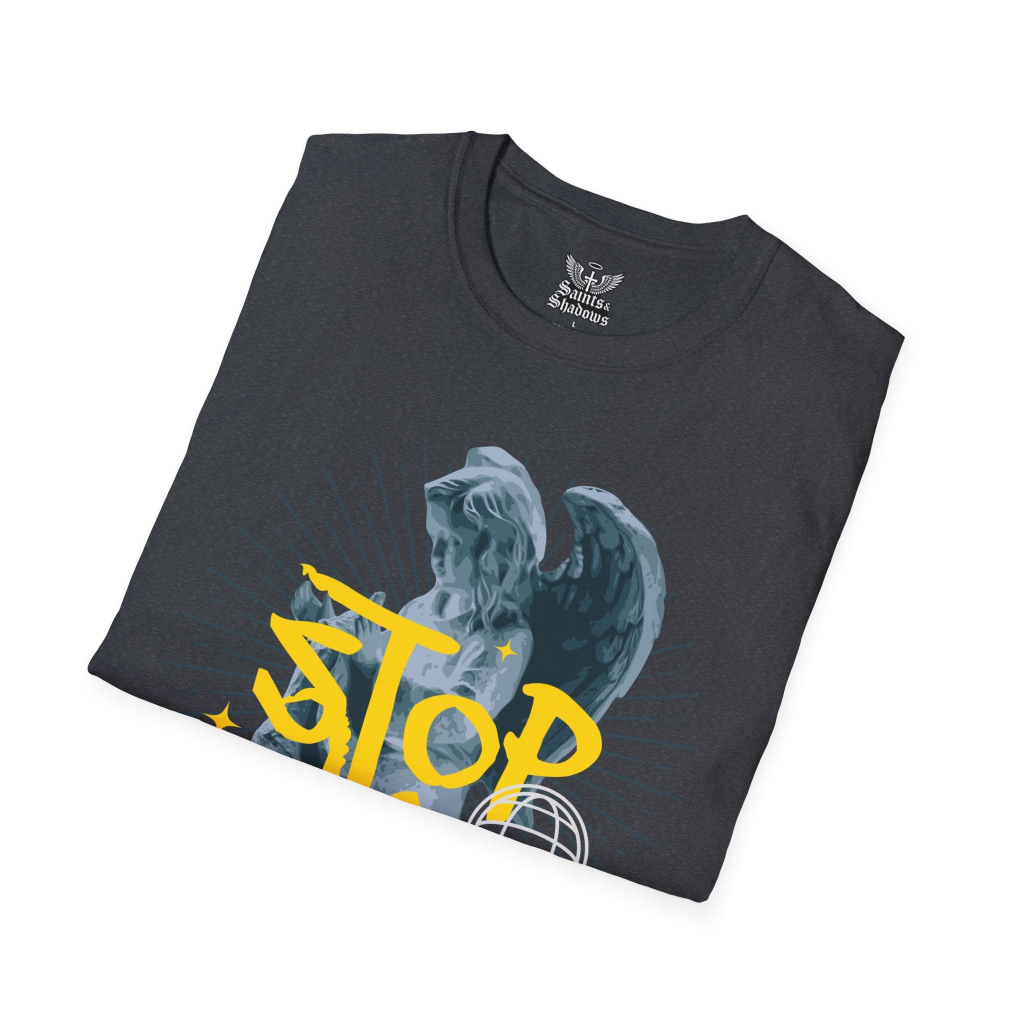 Saints and Shadows - Stop Wars, Angelic Artwork Unisex Softstyle T-Shirt, Casual Wear