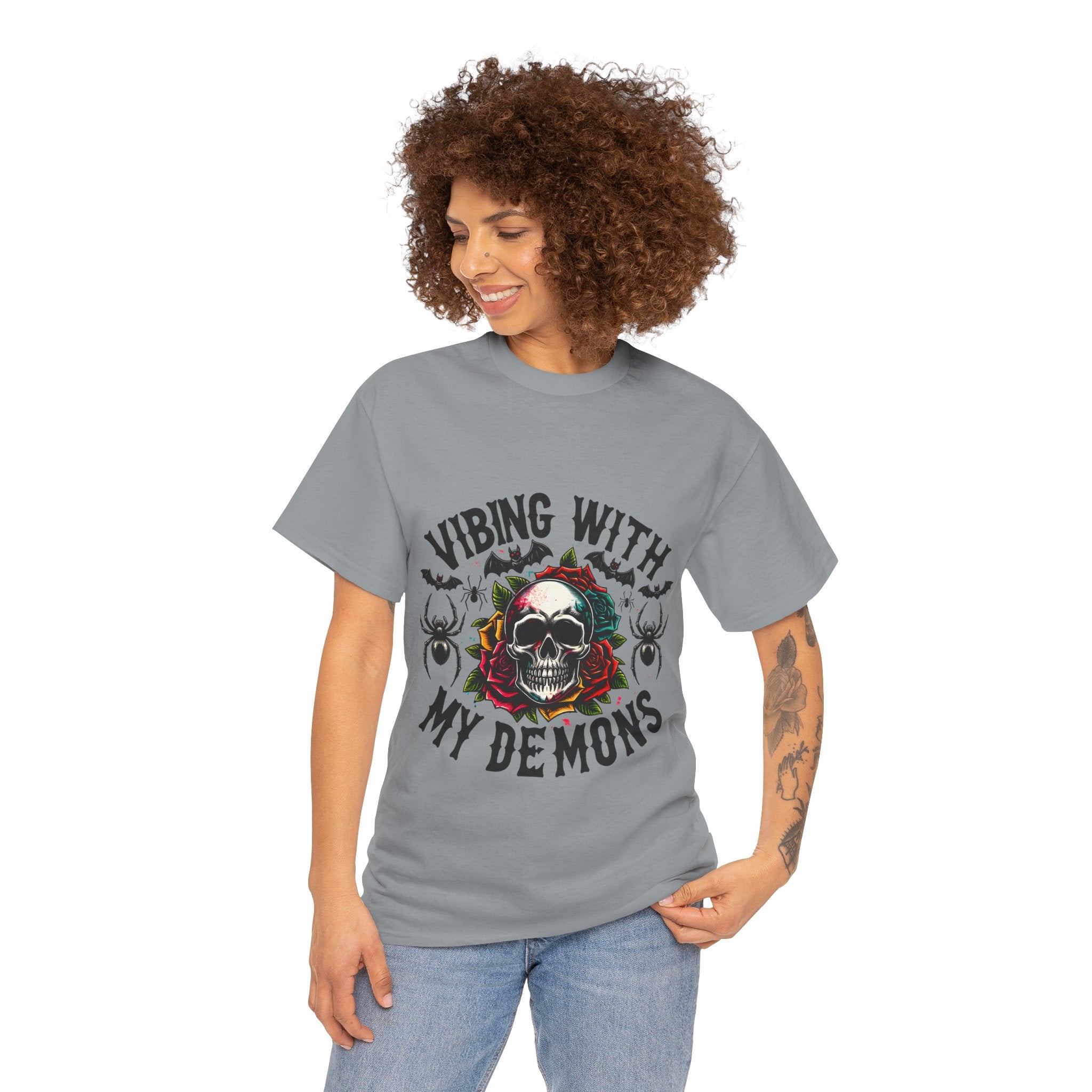 Vibing With My Demons, Halloween Skeleton & Pumpkin Tee, Spooky Season Apparel, Fall Fashion, Gift for Halloween Lovers