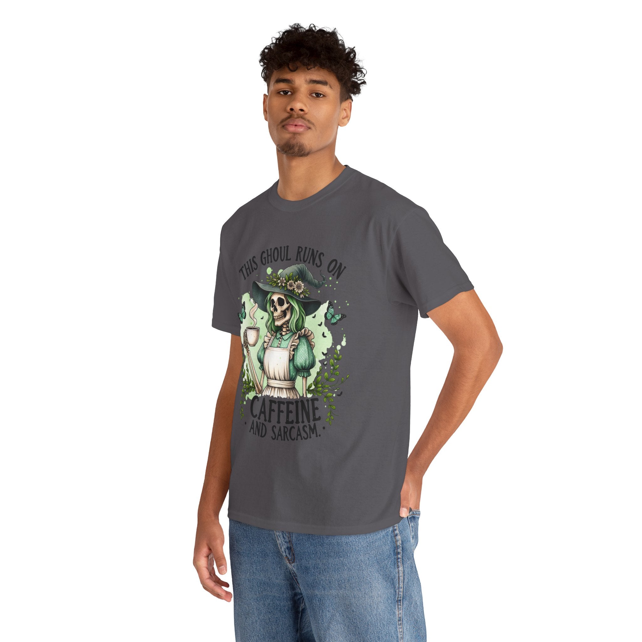 Caffeine and Sarcasm, Funny Halloween Tee, Unisex Tee, Perfect for Gifting, October Festivities, Casual Wear, Skeleton Graphic Tee