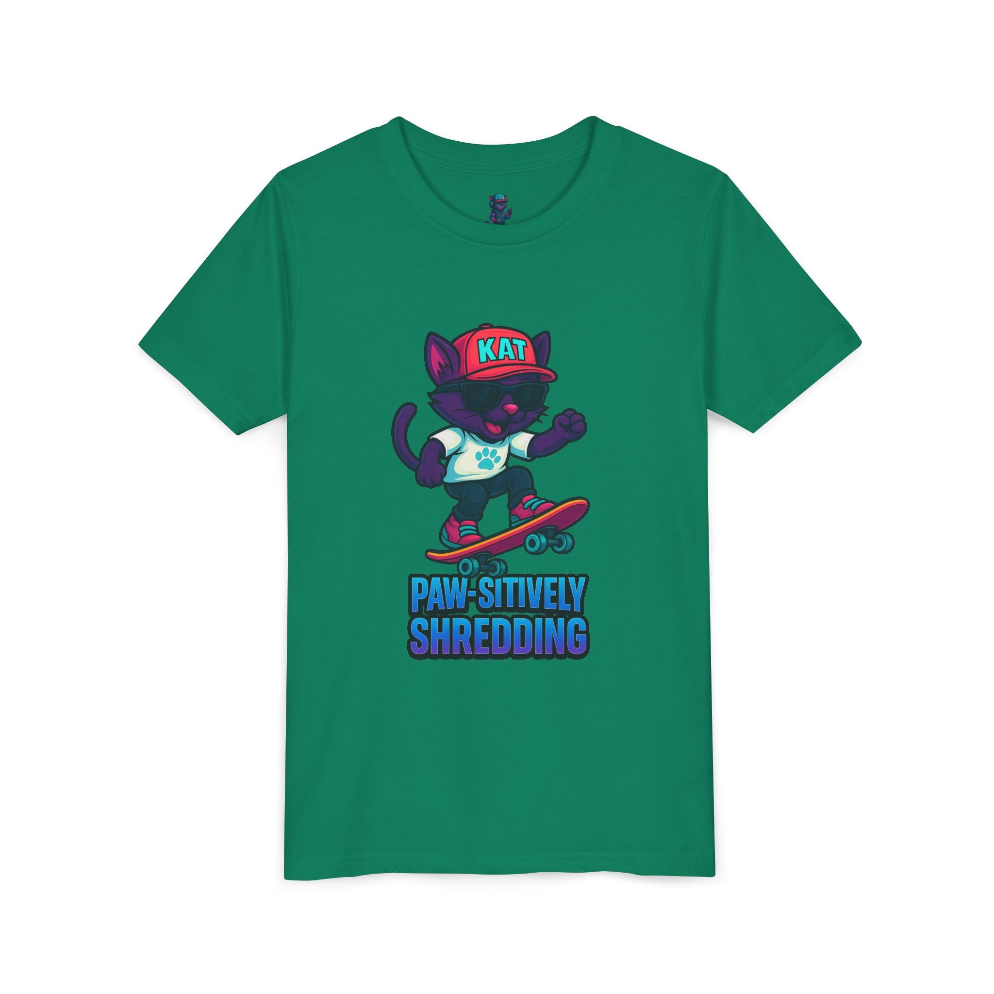 DJ KAT PAWS Paw-sitively Shredding, Skateboarding Youth Tee | Fun Summer Shirt, Motivational Kids T-Shirt, Birthday Gift for Boys & Girls