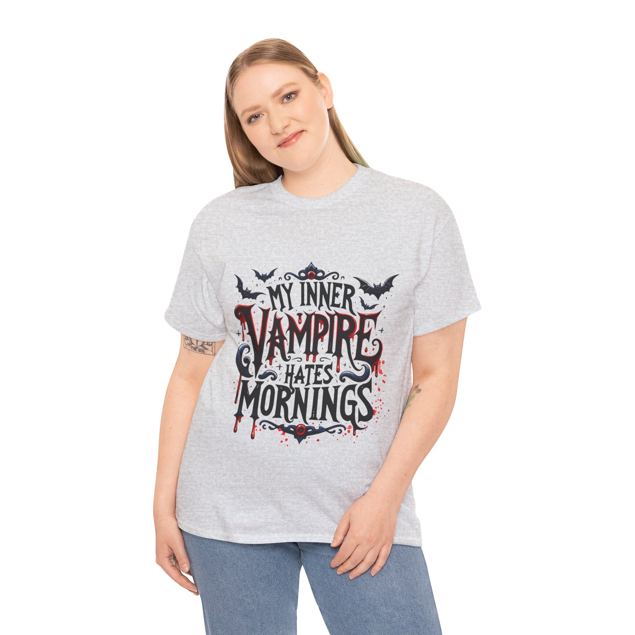 My Inner Vampire Hates Mornings, Tee - Unisex Heavy Cotton Shirt for Halloween, Gifts, Casual Wear, Funny T-Shirt, Vampire Lover Apparel