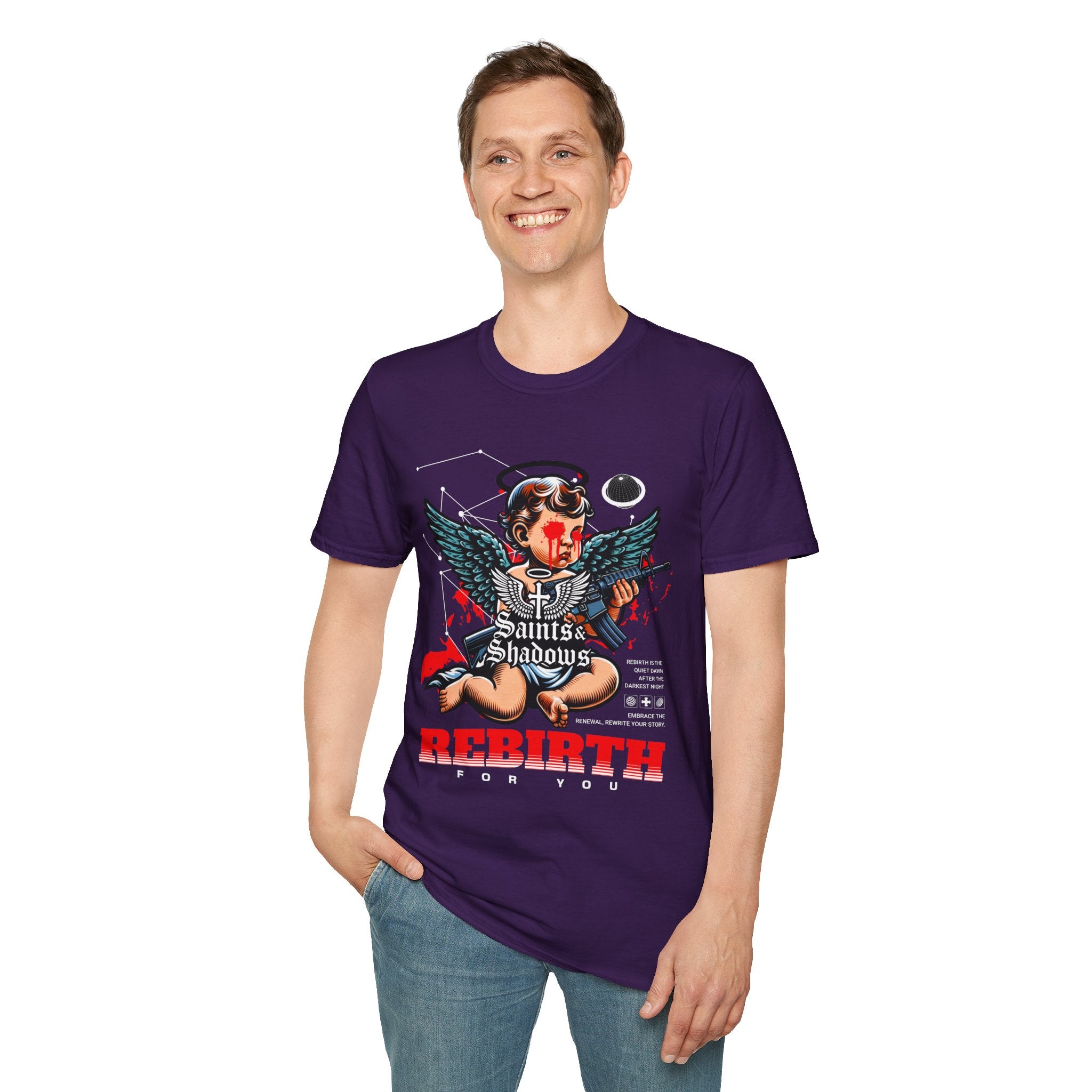 Saints and Shadows - Rebirth, Angelic Artwork Unisex Softstyle T-Shirt, Casual Wear