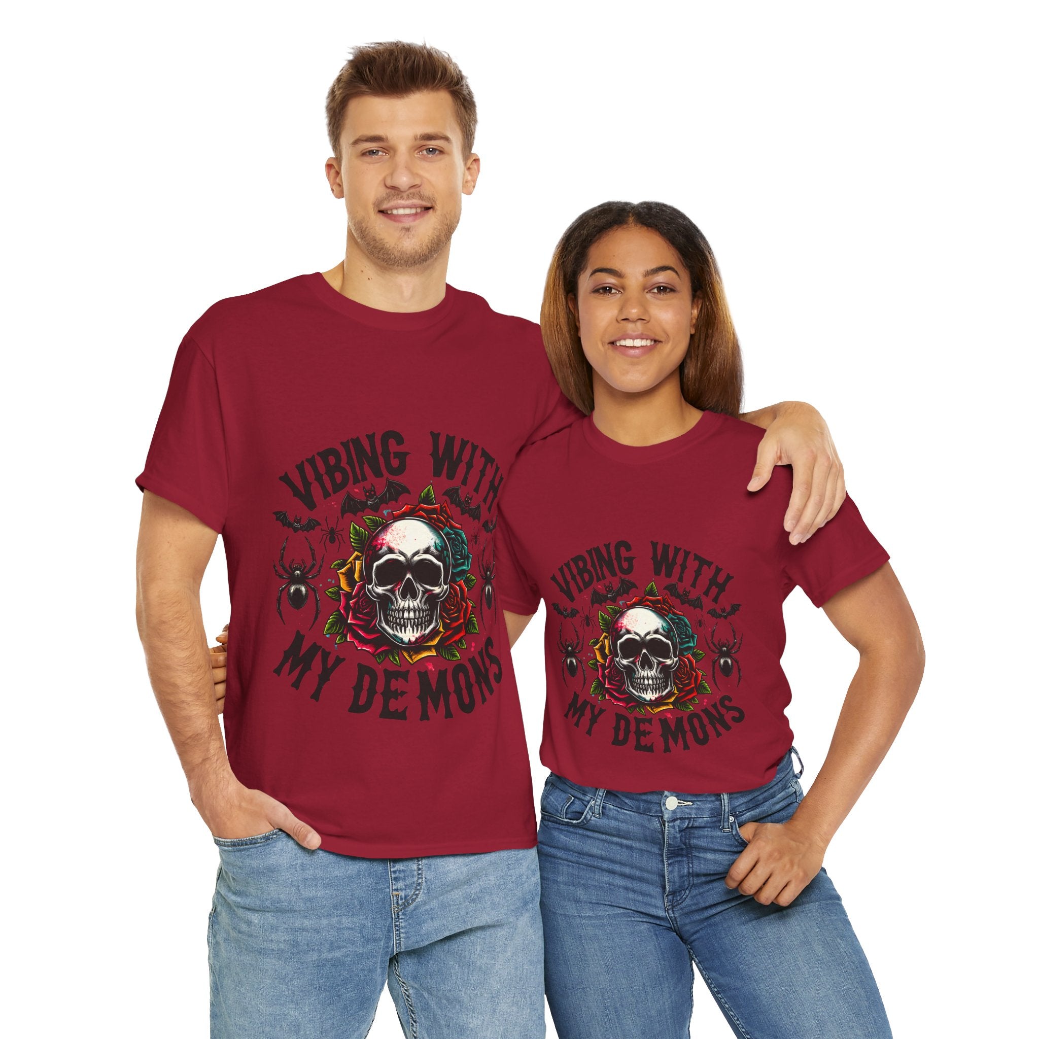 Vibing With My Demons, Halloween Skeleton & Pumpkin Tee, Spooky Season Apparel, Fall Fashion, Gift for Halloween Lovers
