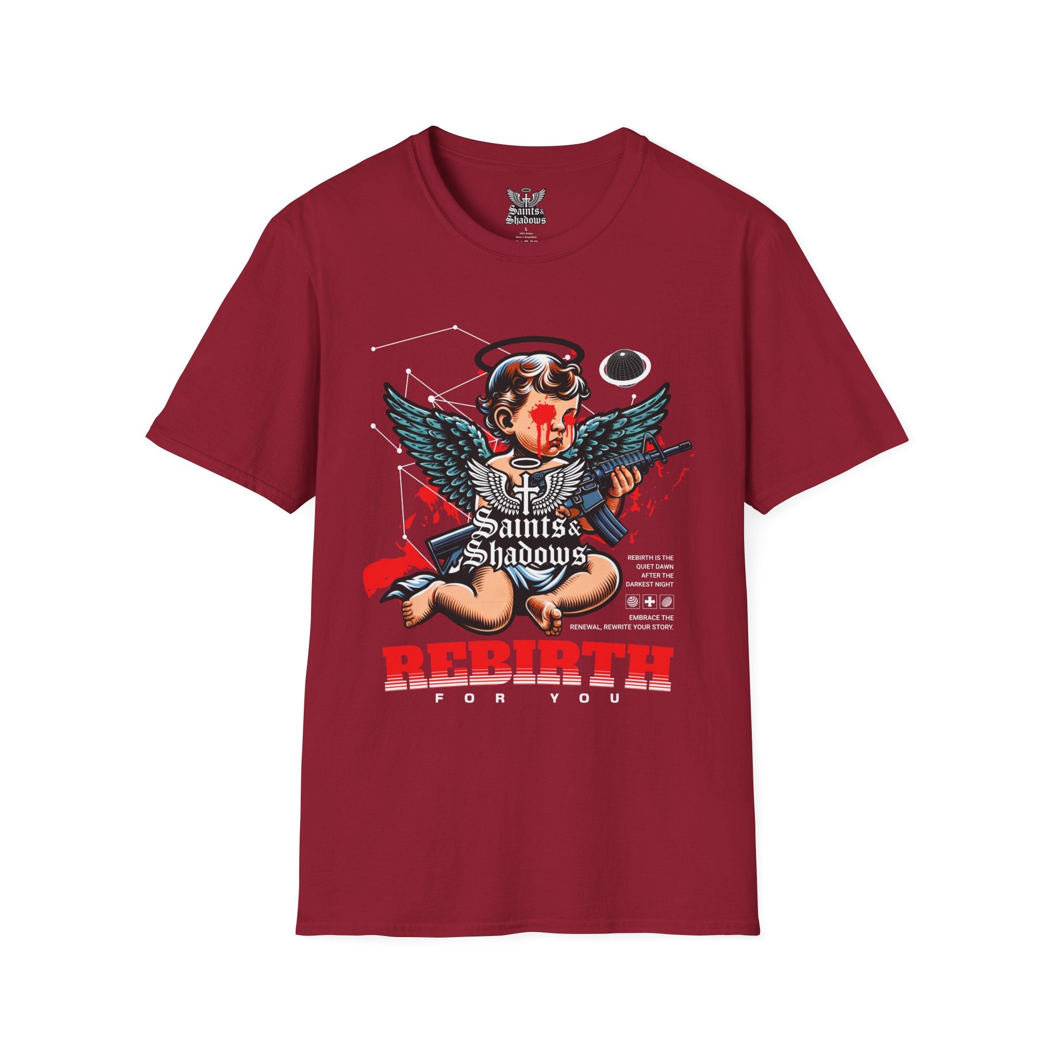 Saints and Shadows - Rebirth, Angelic Artwork Unisex Softstyle T-Shirt, Casual Wear