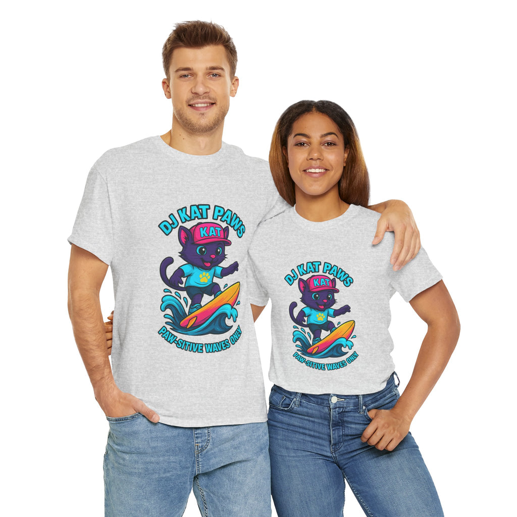 DJ KAT PAWS Surfing Fun T-Shirt | Stay Cool, Have Fun, Play Safe, Be You! | Fun Summer Tee, Gift for Cat Lovers, Beach Vibes