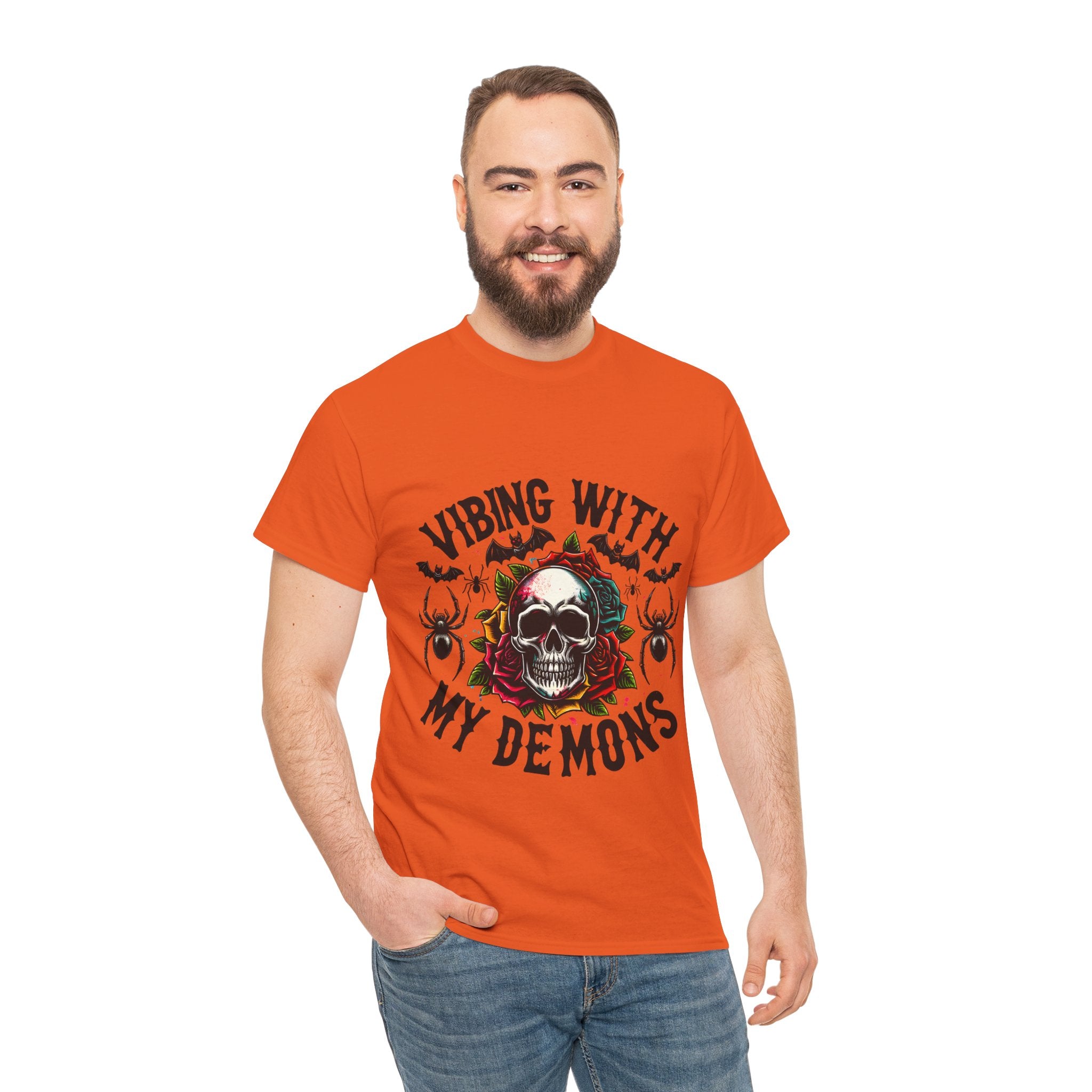 Vibing With My Demons, Halloween Skeleton & Pumpkin Tee, Spooky Season Apparel, Fall Fashion, Gift for Halloween Lovers