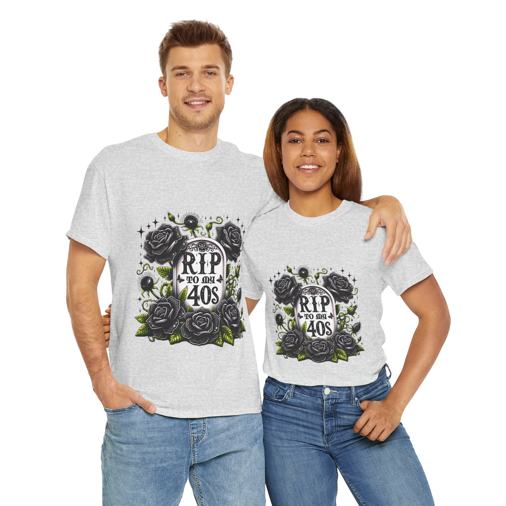 RIP to My 40s Tee, Heavy, Unisex Graphic Shirt, Birthday Gift, Casual Wear, Vintage Style, Floral Design T-shirt