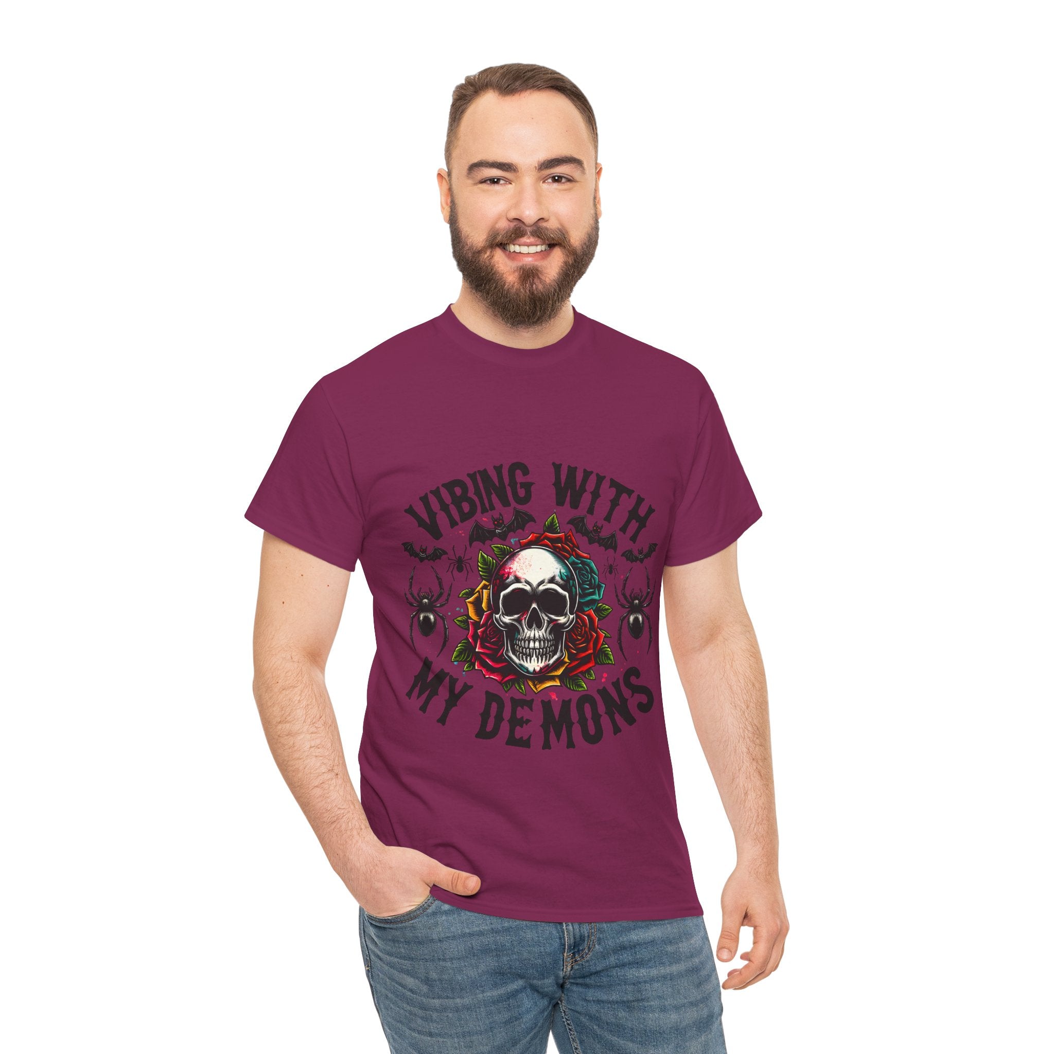 Vibing With My Demons, Halloween Skeleton & Pumpkin Tee, Spooky Season Apparel, Fall Fashion, Gift for Halloween Lovers