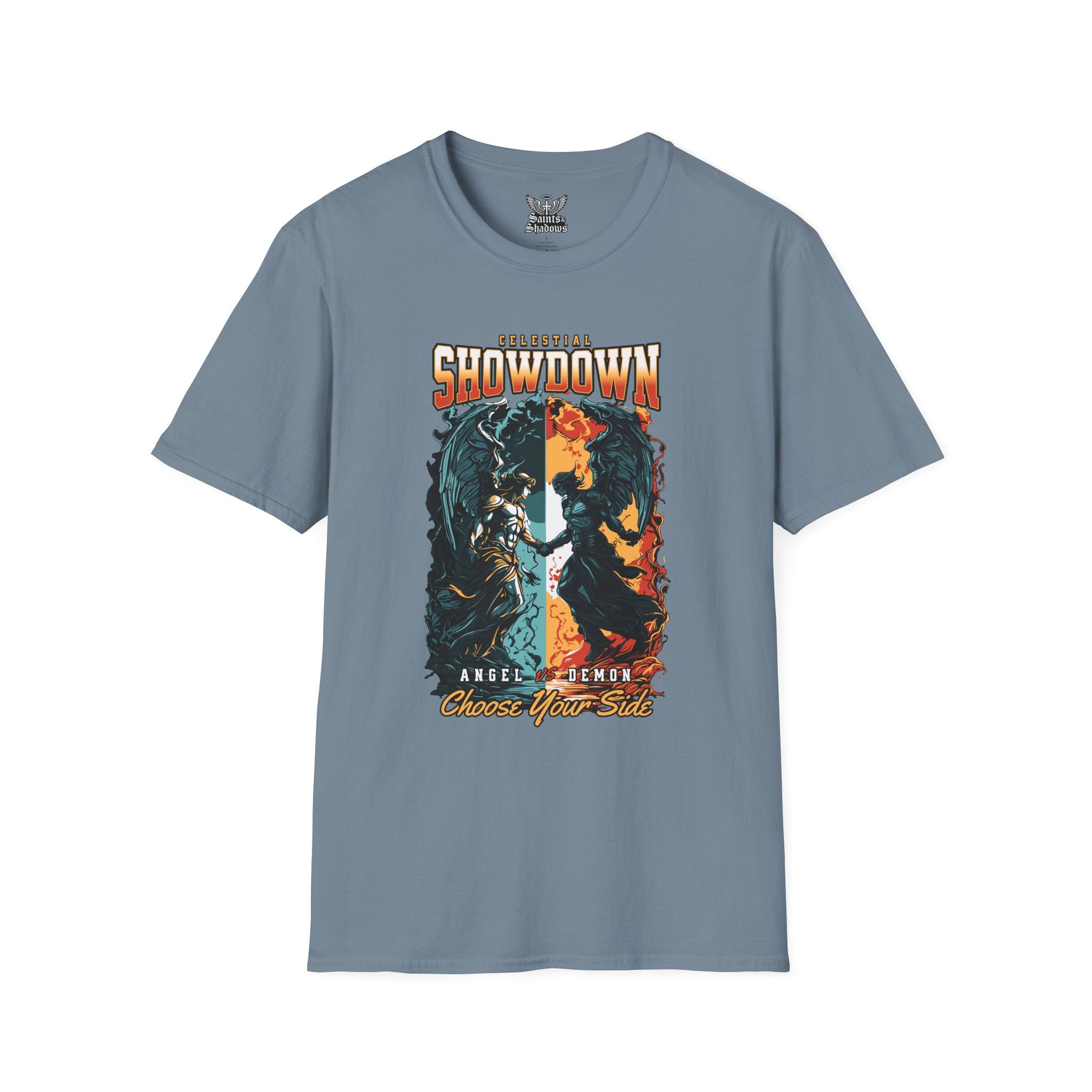 Saints and Shadows - Epic Showdown, Angelic Artwork Unisex Softstyle T-Shirt, Casual Wear