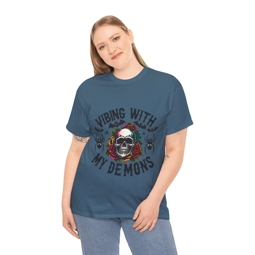 Vibing With My Demons, Halloween Skeleton & Pumpkin Tee, Spooky Season Apparel, Fall Fashion, Gift for Halloween Lovers