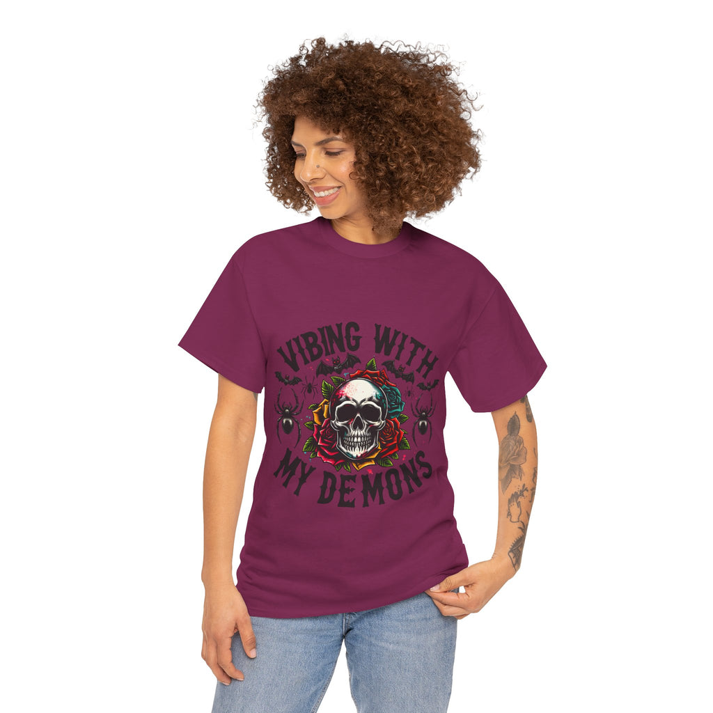Vibing With My Demons, Halloween Skeleton & Pumpkin Tee, Spooky Season Apparel, Fall Fashion, Gift for Halloween Lovers