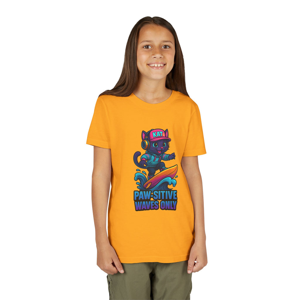 DJ KAT PAWS Paw-Sitive Waves Only, Youth Tee | Kids Surfing T-Shirt, Fun Cat Graphic Top, Summer Apparel, Gifts for Animal Lovers