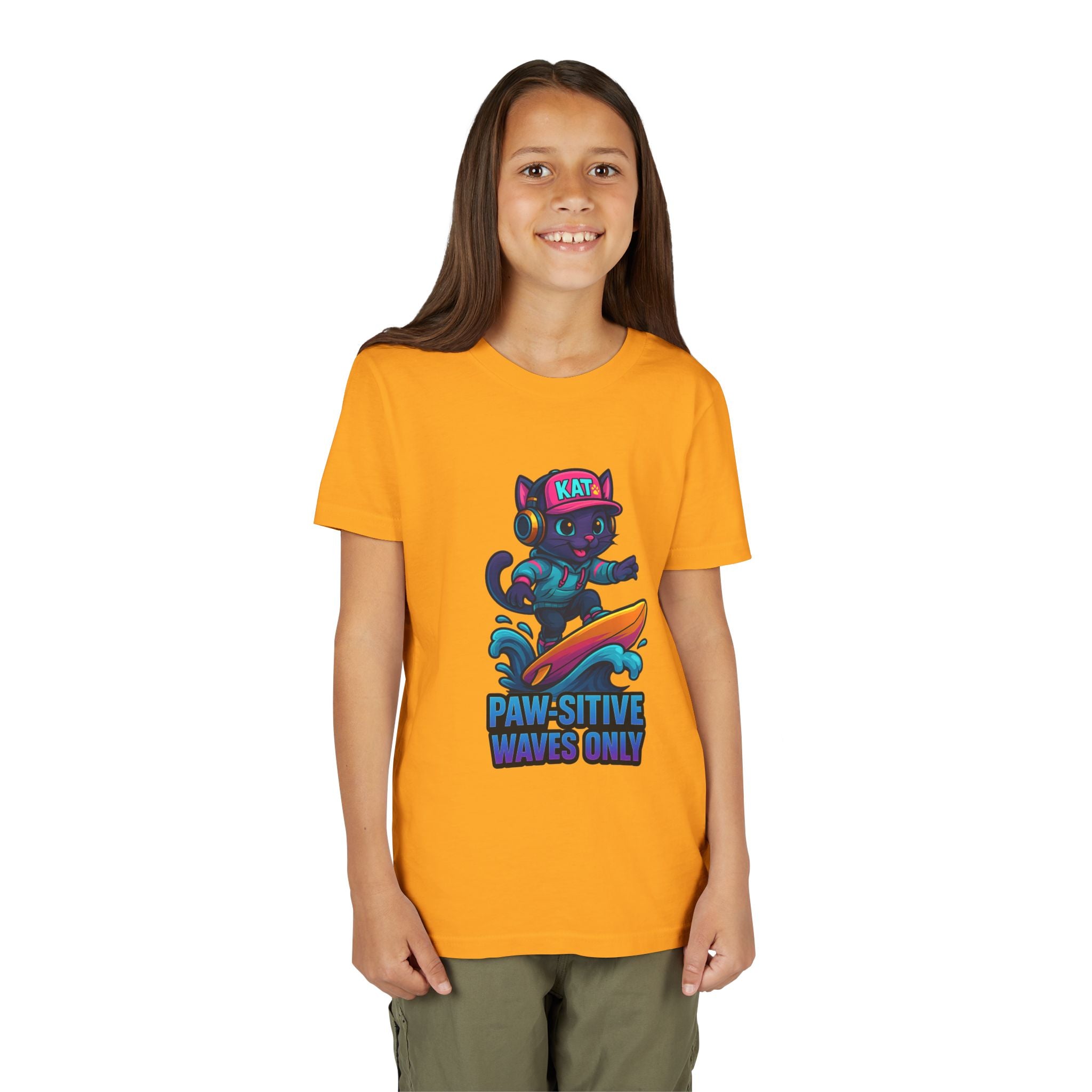 DJ KAT PAWS Paw-Sitive Waves Only, Youth Tee | Kids Surfing T-Shirt, Fun Cat Graphic Top, Summer Apparel, Gifts for Animal Lovers