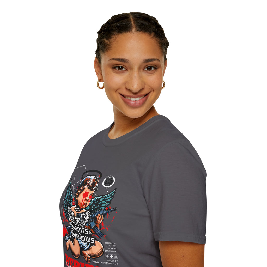 Saints and Shadows - Rebirth, Angelic Artwork Unisex Softstyle T-Shirt, Casual Wear
