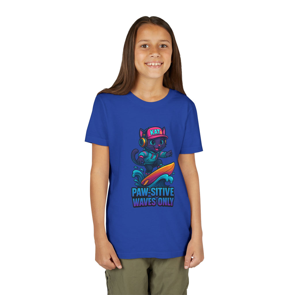 DJ KAT PAWS Paw-Sitive Waves Only, Youth Tee | Kids Surfing T-Shirt, Fun Cat Graphic Top, Summer Apparel, Gifts for Animal Lovers