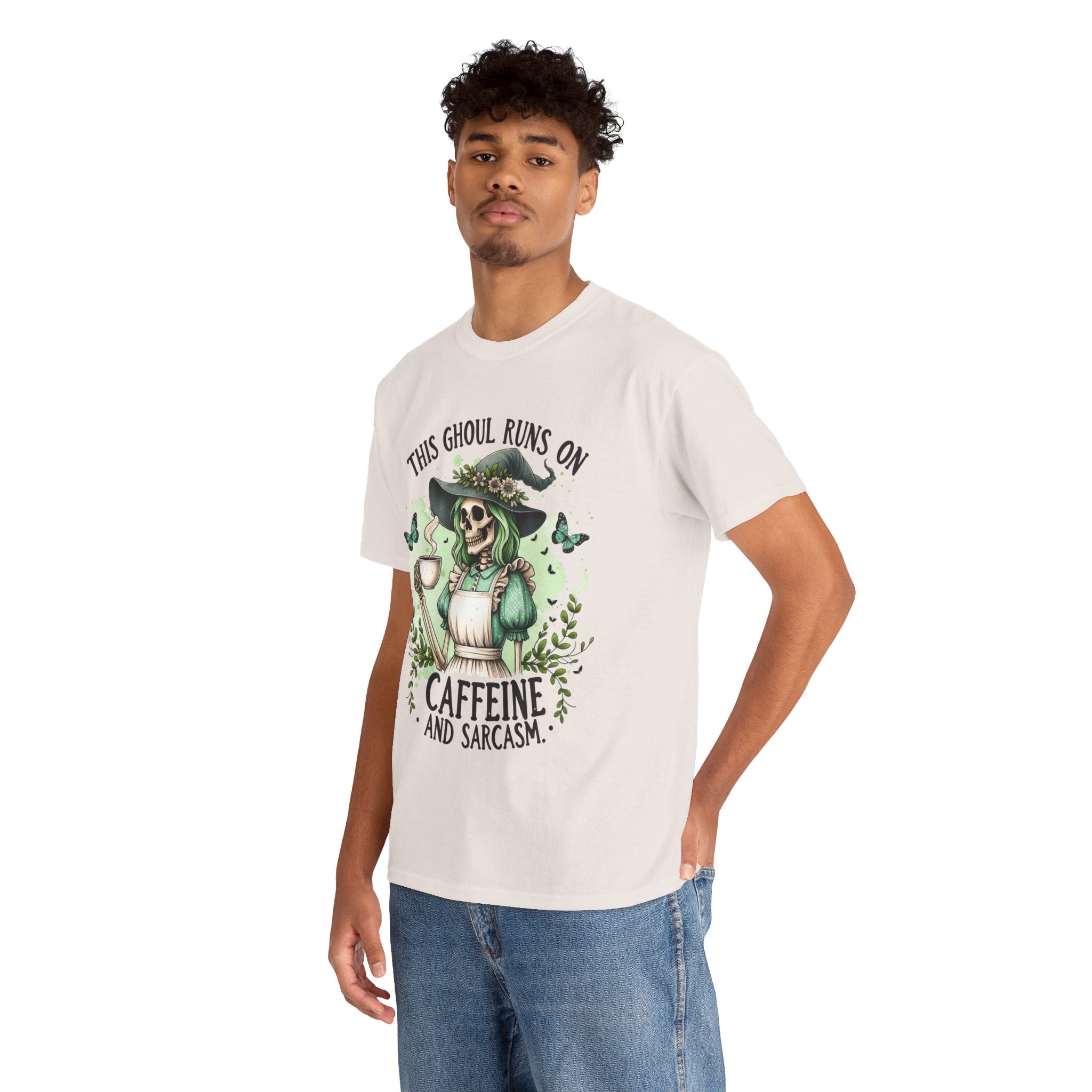 Caffeine and Sarcasm, Funny Halloween Tee, Unisex Tee, Perfect for Gifting, October Festivities, Casual Wear, Skeleton Graphic Tee