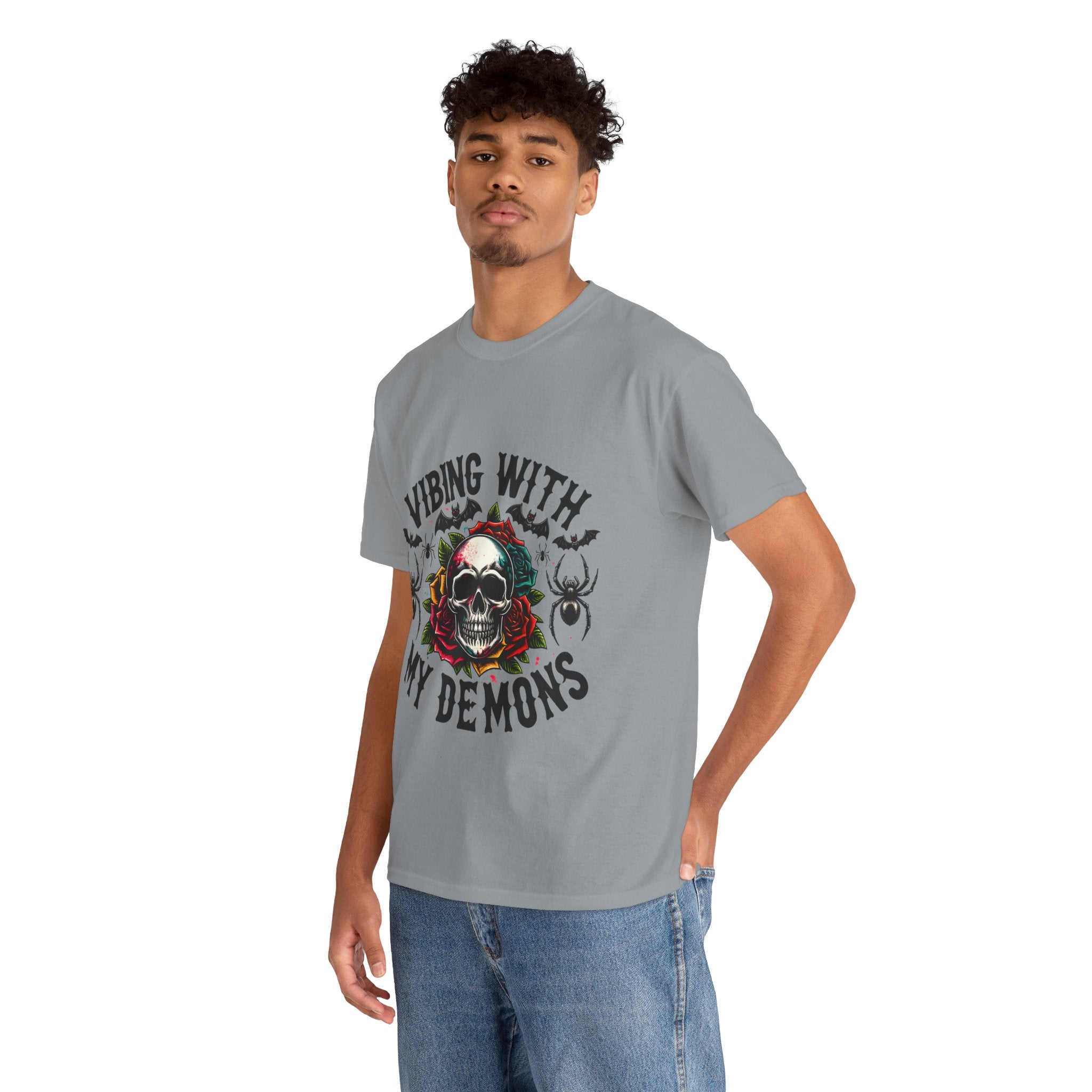 Vibing With My Demons, Halloween Skeleton & Pumpkin Tee, Spooky Season Apparel, Fall Fashion, Gift for Halloween Lovers