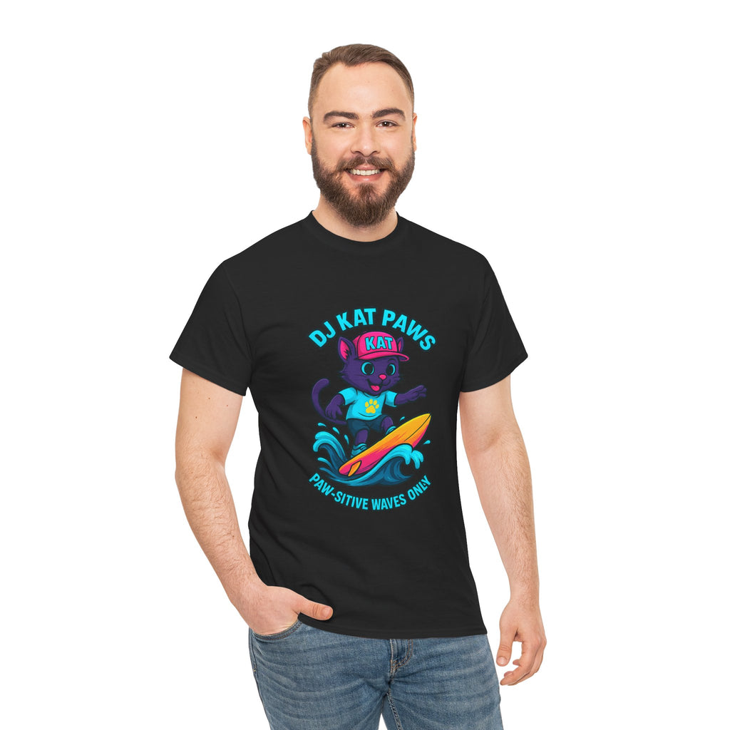 DJ KAT PAWS Surfing Fun T-Shirt | Stay Cool, Have Fun, Play Safe, Be You! | Fun Summer Tee, Gift for Cat Lovers, Beach Vibes