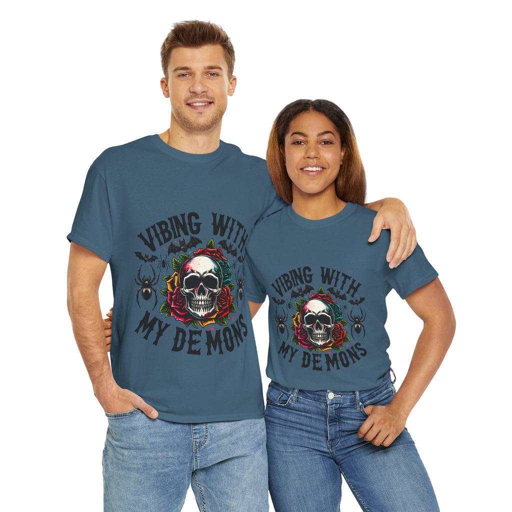 Vibing With My Demons, Halloween Skeleton & Pumpkin Tee, Spooky Season Apparel, Fall Fashion, Gift for Halloween Lovers