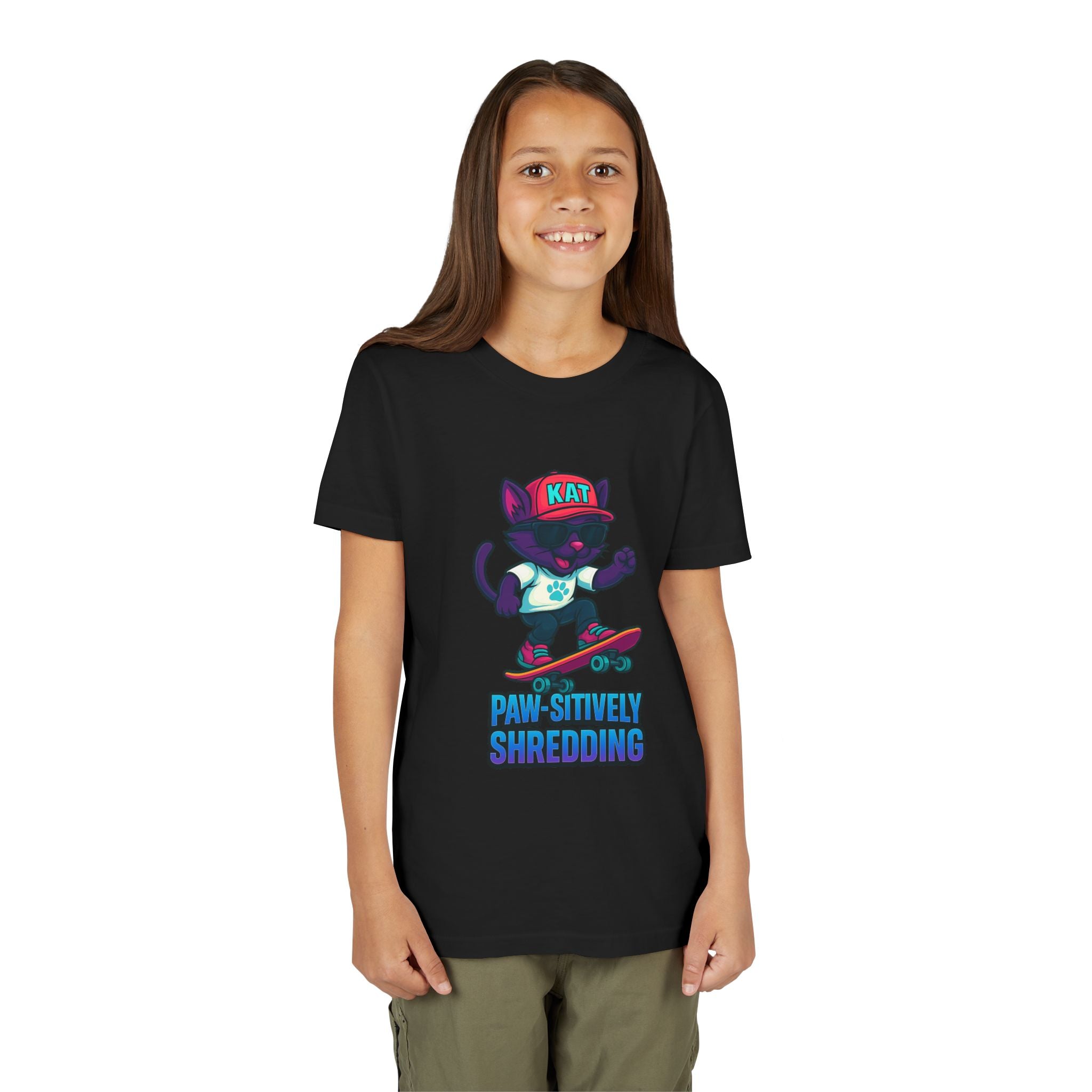 DJ KAT PAWS Paw-sitively Shredding, Skateboarding Youth Tee | Fun Summer Shirt, Motivational Kids T-Shirt, Birthday Gift for Boys & Girls