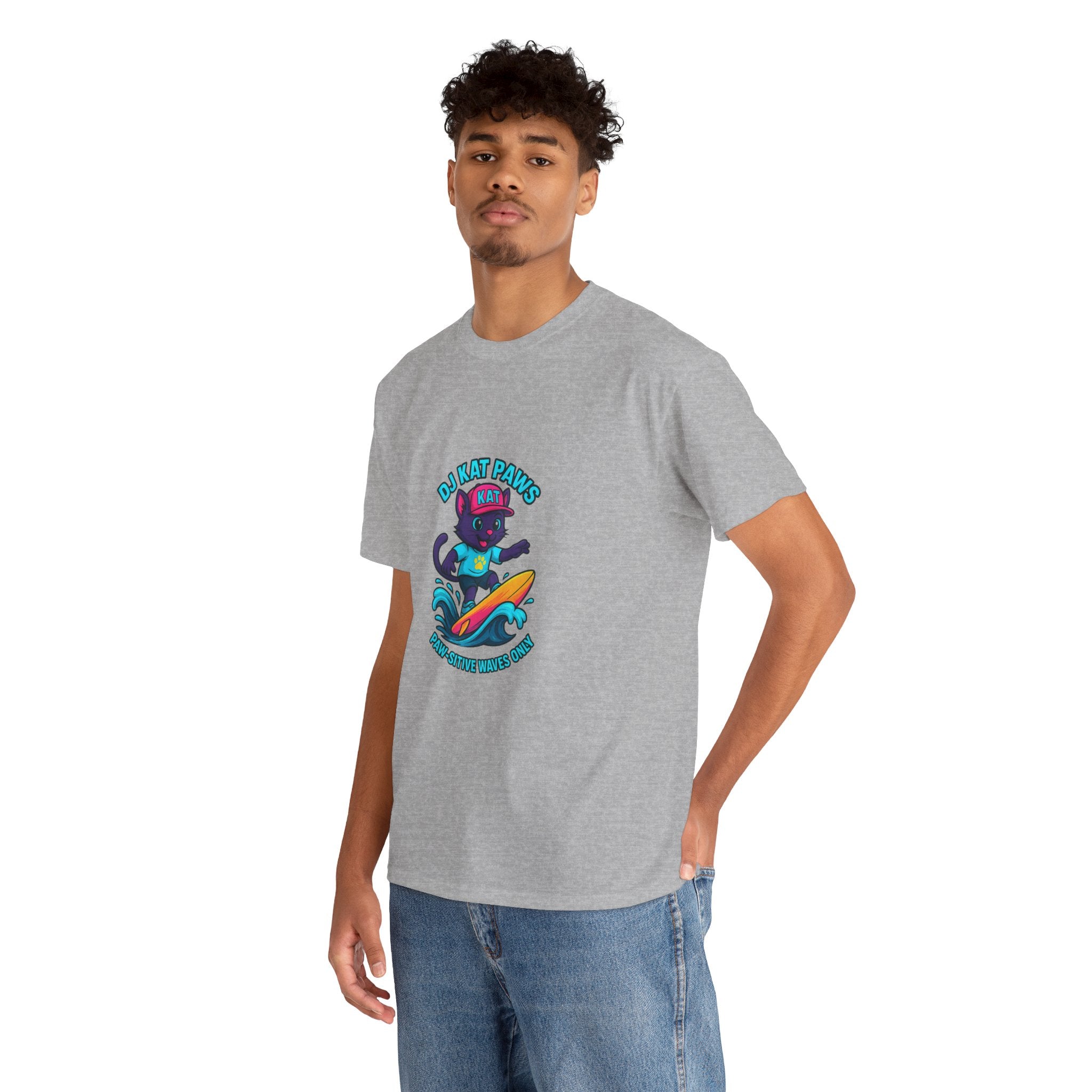 DJ KAT PAWS Surfing Fun T-Shirt | Stay Cool, Have Fun, Play Safe, Be You! | Fun Summer Tee, Gift for Cat Lovers, Beach Vibes