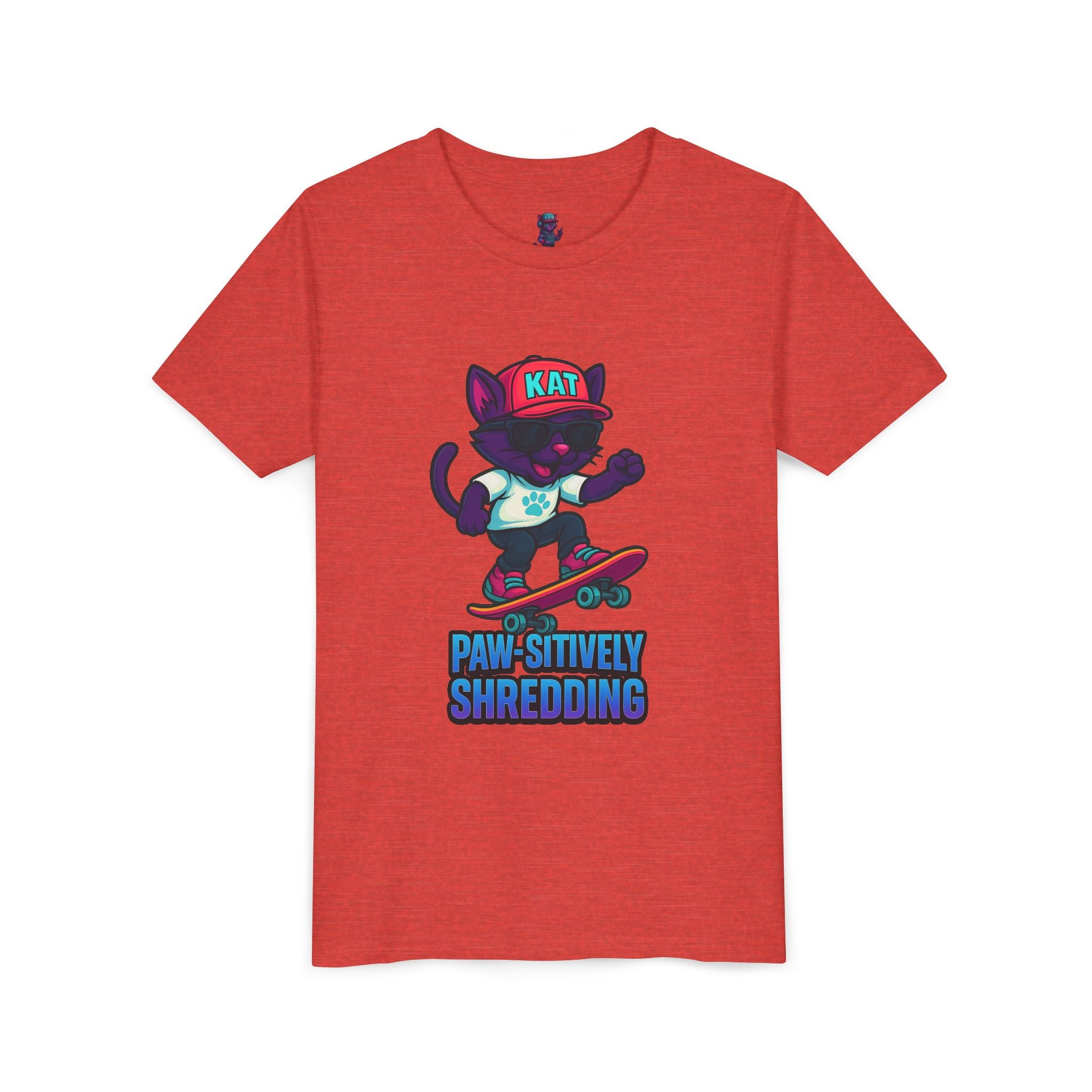 DJ KAT PAWS Paw-sitively Shredding, Skateboarding Youth Tee | Fun Summer Shirt, Motivational Kids T-Shirt, Birthday Gift for Boys & Girls