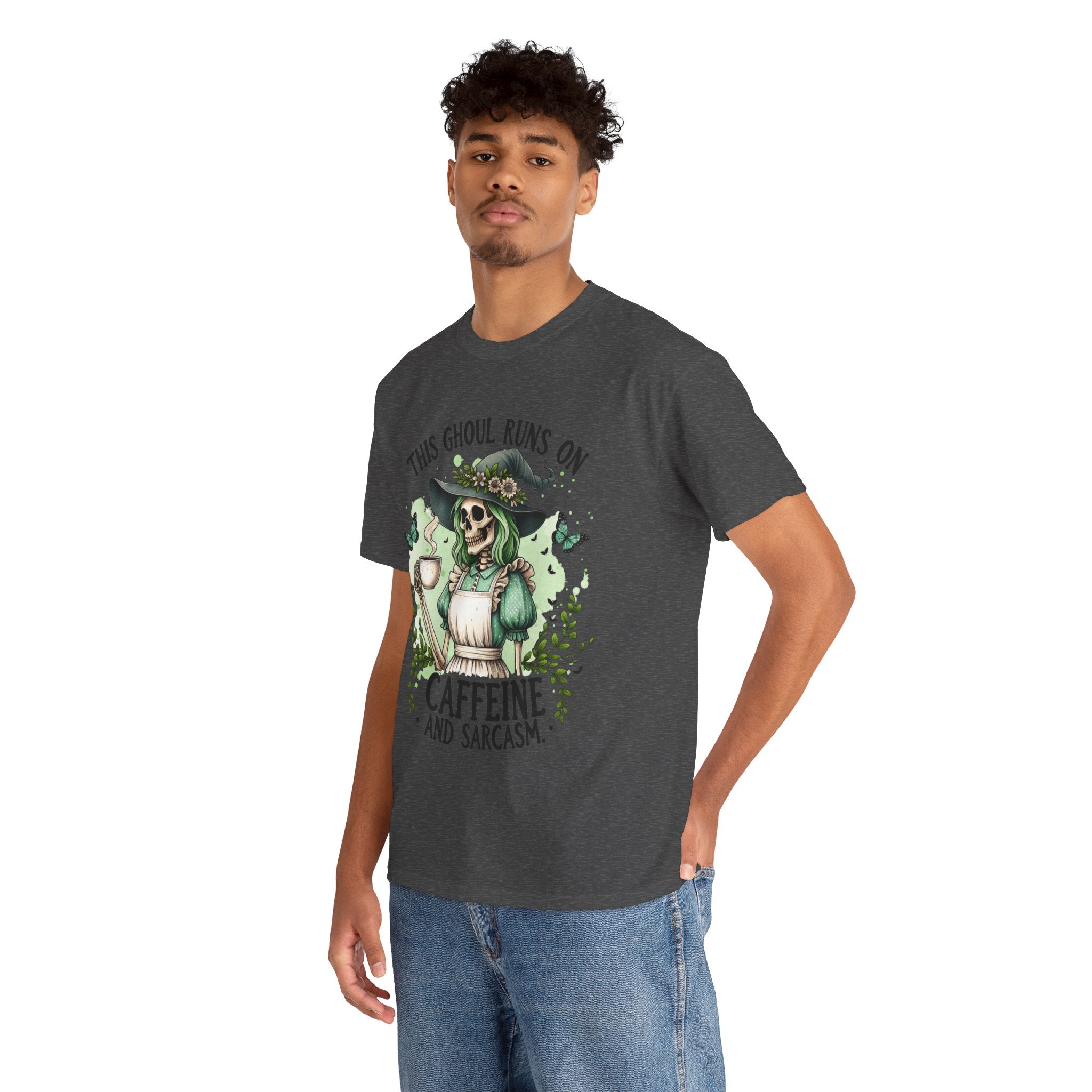 Caffeine and Sarcasm, Funny Halloween Tee, Unisex Tee, Perfect for Gifting, October Festivities, Casual Wear, Skeleton Graphic Tee
