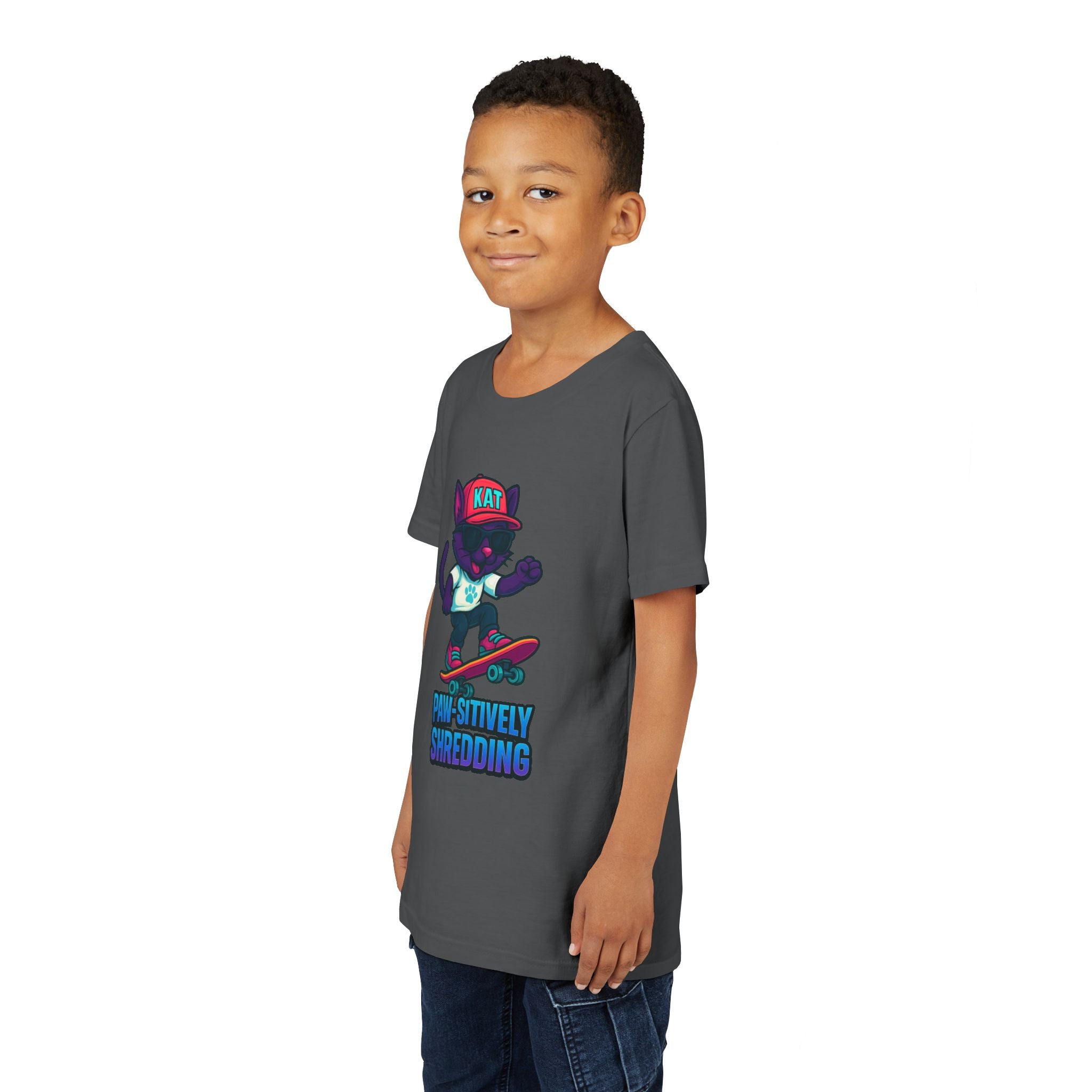 DJ KAT PAWS Paw-sitively Shredding, Skateboarding Youth Tee | Fun Summer Shirt, Motivational Kids T-Shirt, Birthday Gift for Boys & Girls