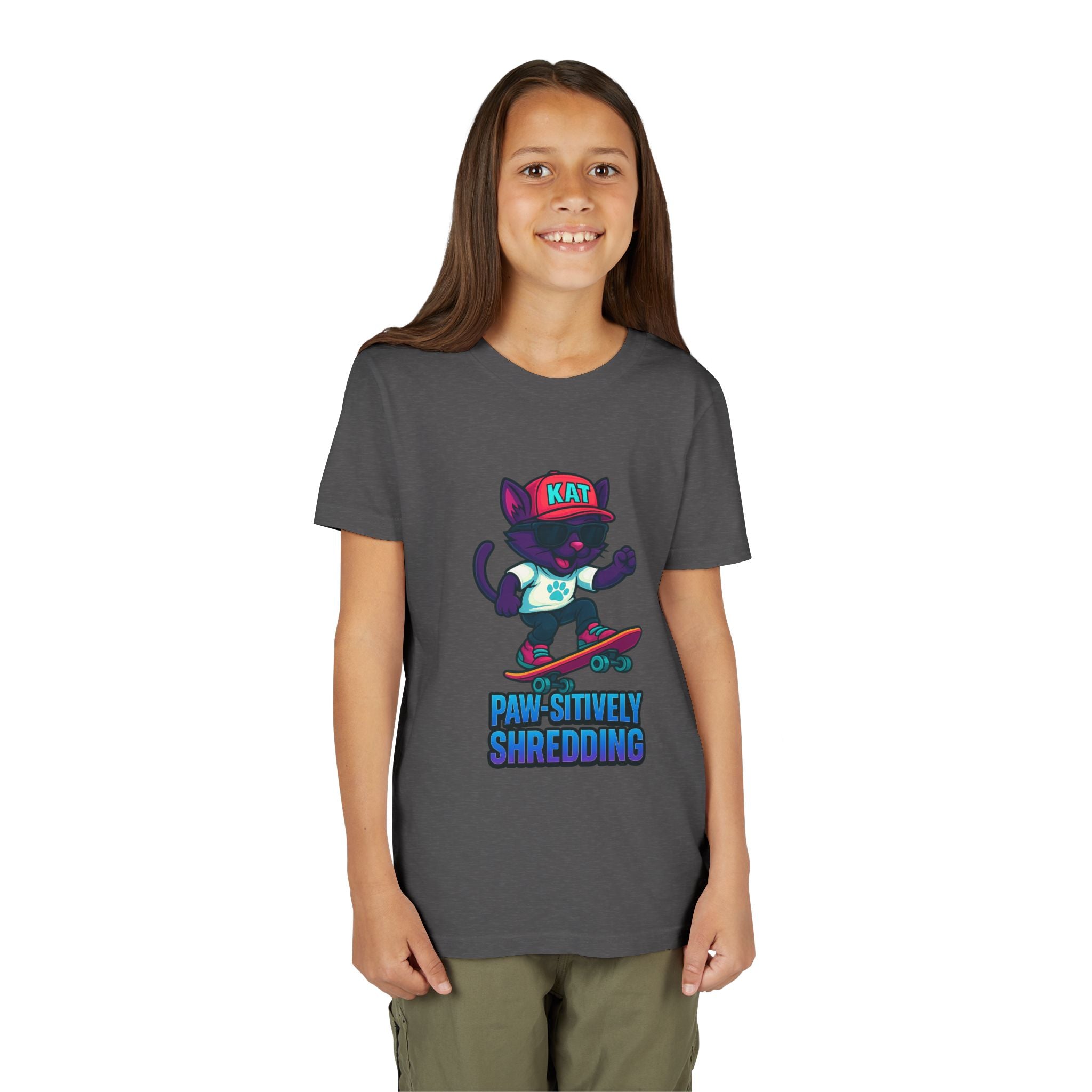 DJ KAT PAWS Paw-sitively Shredding, Skateboarding Youth Tee | Fun Summer Shirt, Motivational Kids T-Shirt, Birthday Gift for Boys & Girls