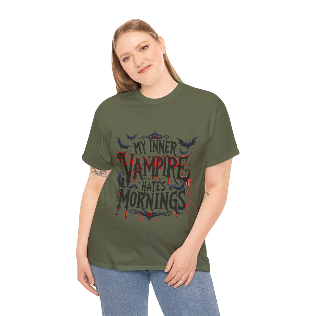 My Inner Vampire Hates Mornings, Tee - Unisex Heavy Cotton Shirt for Halloween, Gifts, Casual Wear, Funny T-Shirt, Vampire Lover Apparel