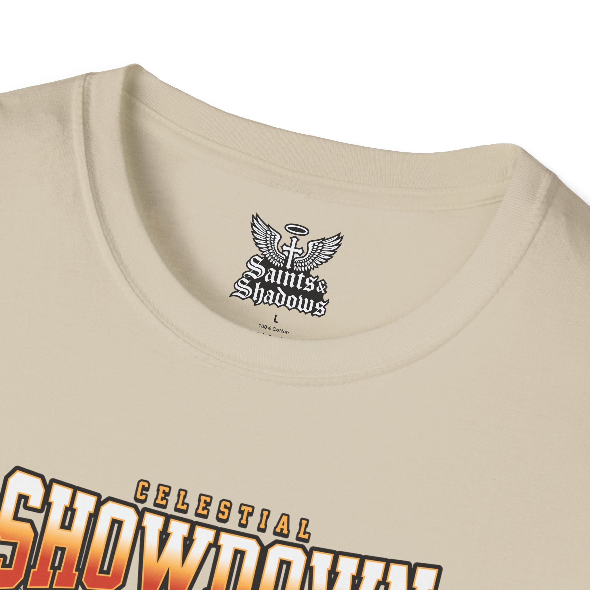 Saints and Shadows - Epic Showdown, Angelic Artwork Unisex Softstyle T-Shirt, Casual Wear