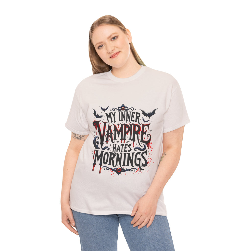 My Inner Vampire Hates Mornings, Tee - Unisex Heavy Cotton Shirt for Halloween, Gifts, Casual Wear, Funny T-Shirt, Vampire Lover Apparel