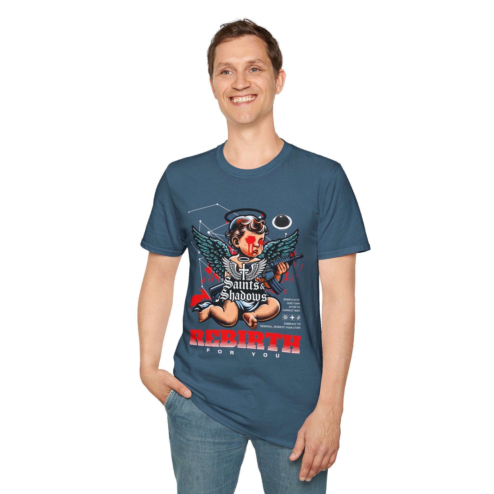 Saints and Shadows - Rebirth, Angelic Artwork Unisex Softstyle T-Shirt, Casual Wear