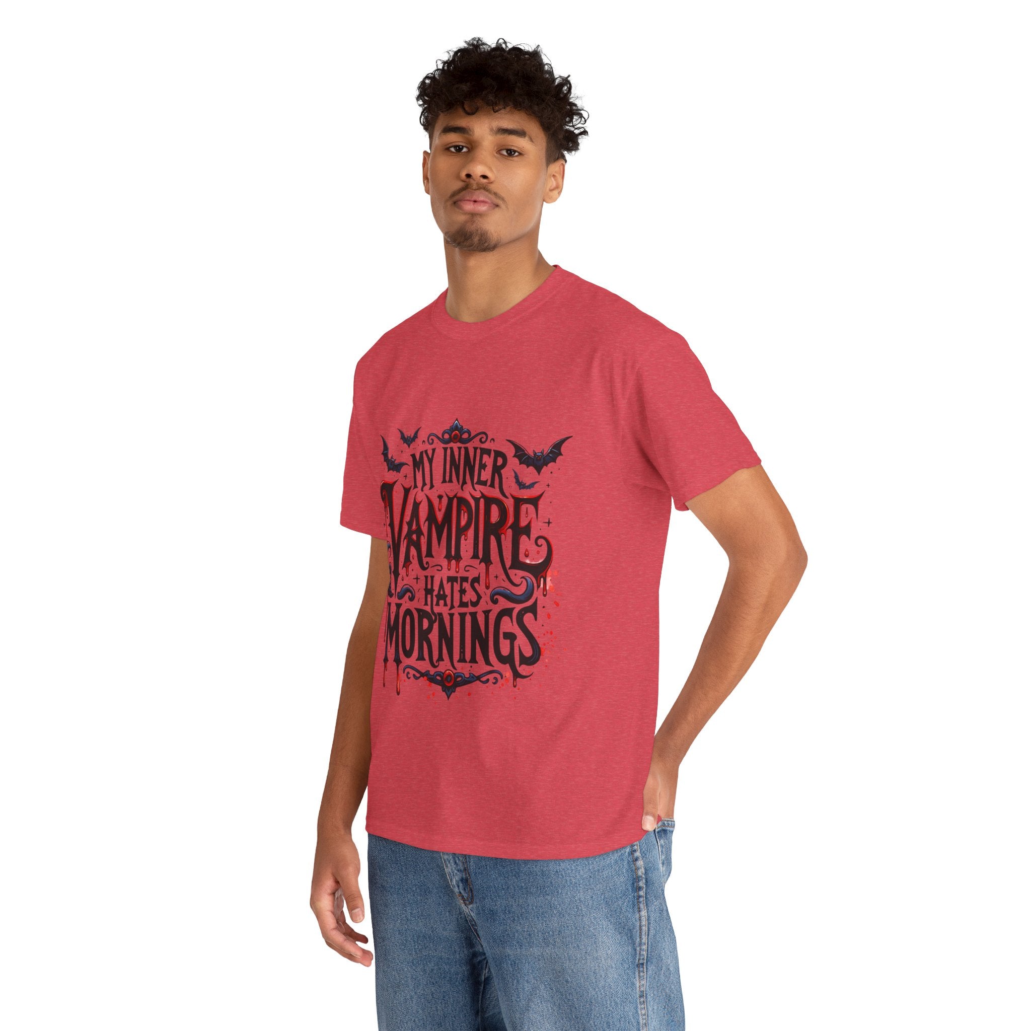 My Inner Vampire Hates Mornings, Tee - Unisex Heavy Cotton Shirt for Halloween, Gifts, Casual Wear, Funny T-Shirt, Vampire Lover Apparel