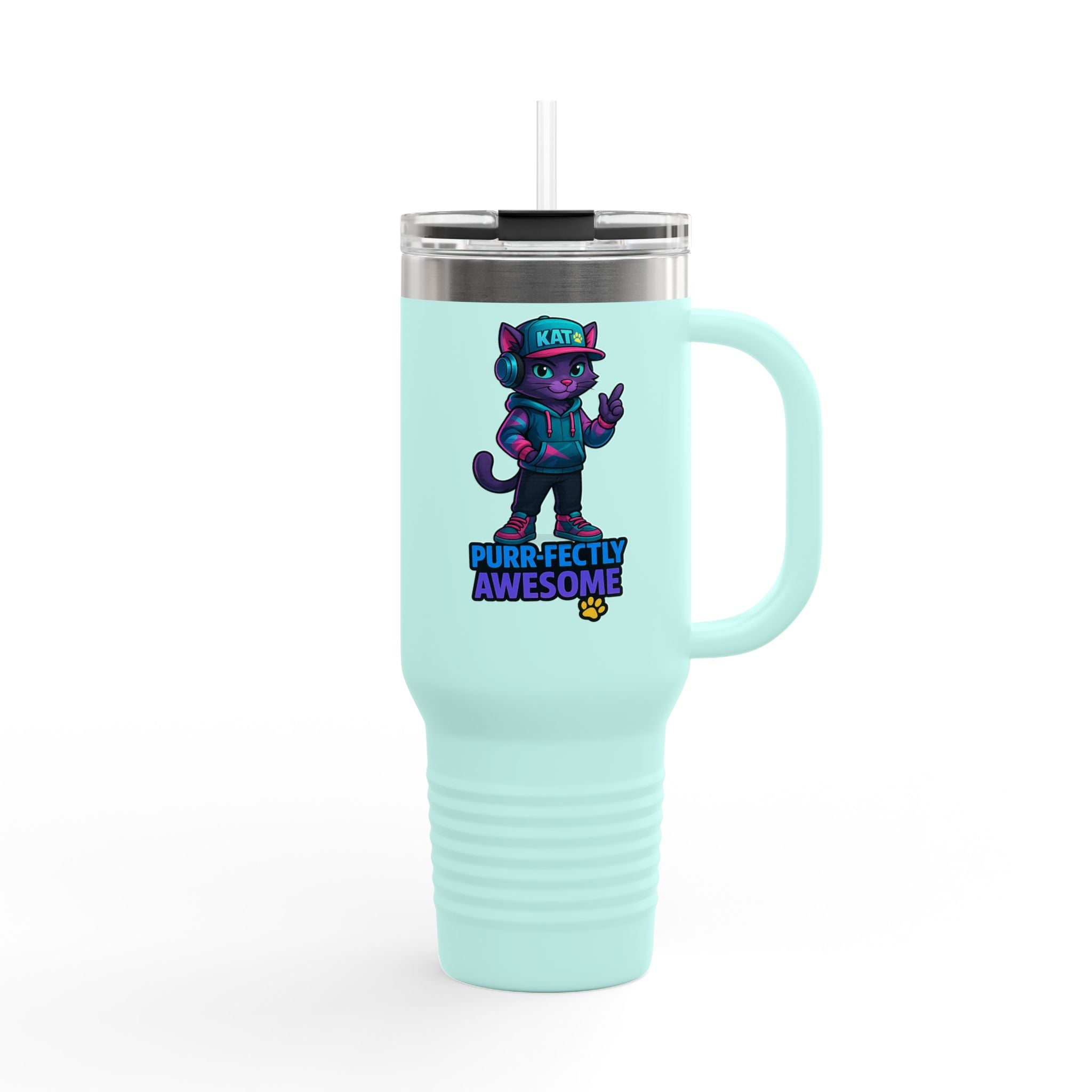 DJ KAT PAWS Purr-fectly Awesome | Travel Mug  - for Cat Lovers, 40oz Insulated Tumbler, Perfect for Road Trips, Gifts for Pet Owners.