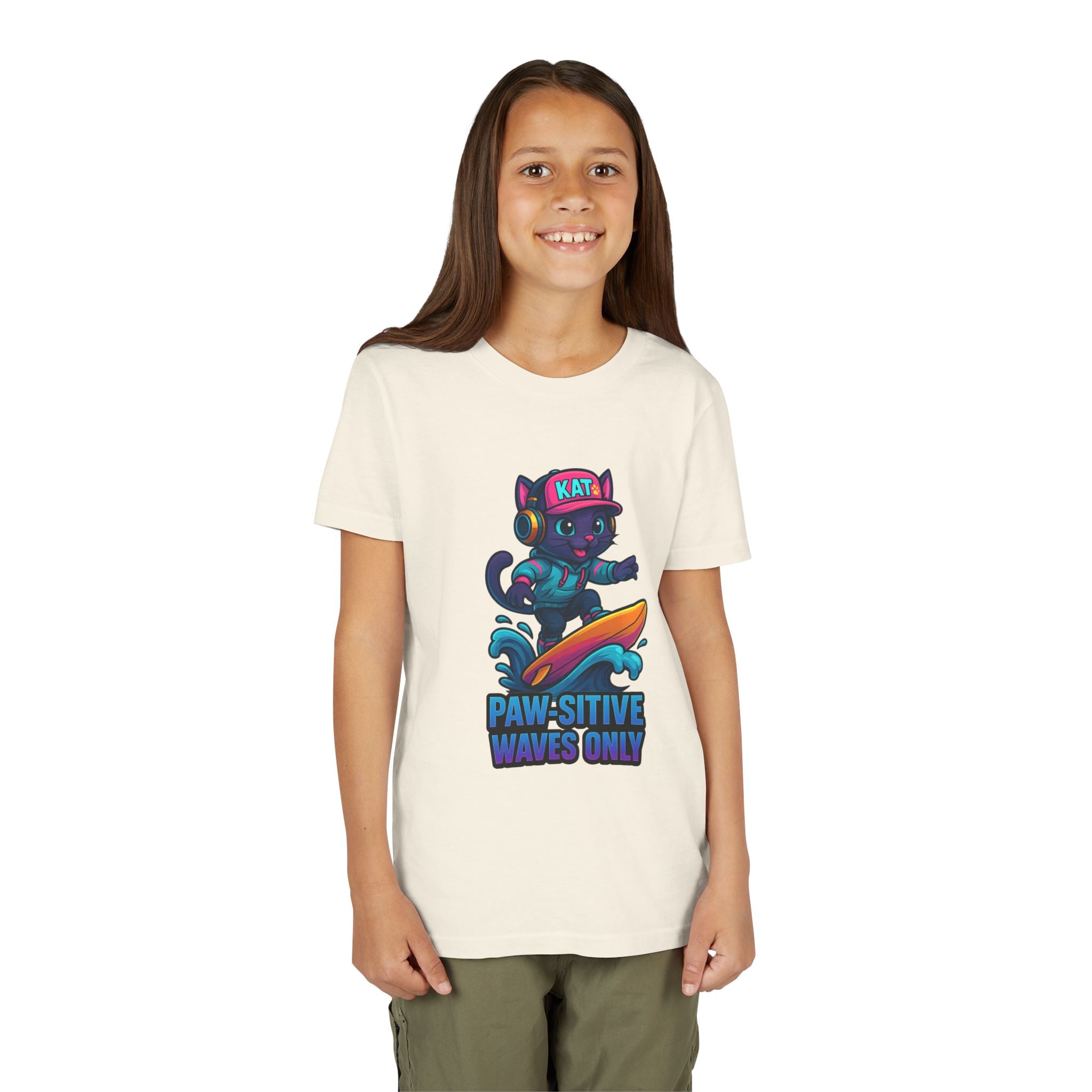 DJ KAT PAWS Paw-Sitive Waves Only, Youth Tee | Kids Surfing T-Shirt, Fun Cat Graphic Top, Summer Apparel, Gifts for Animal Lovers