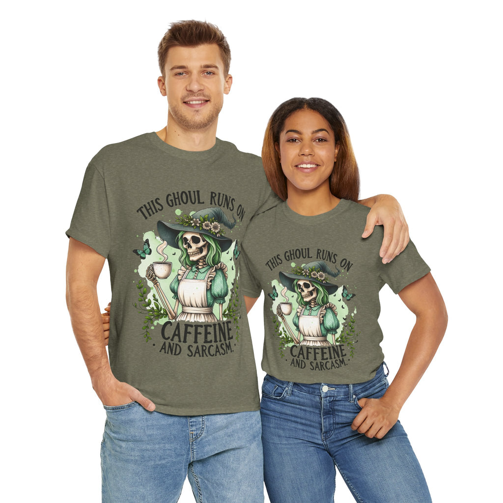 Caffeine and Sarcasm, Funny Halloween Tee, Unisex Tee, Perfect for Gifting, October Festivities, Casual Wear, Skeleton Graphic Tee