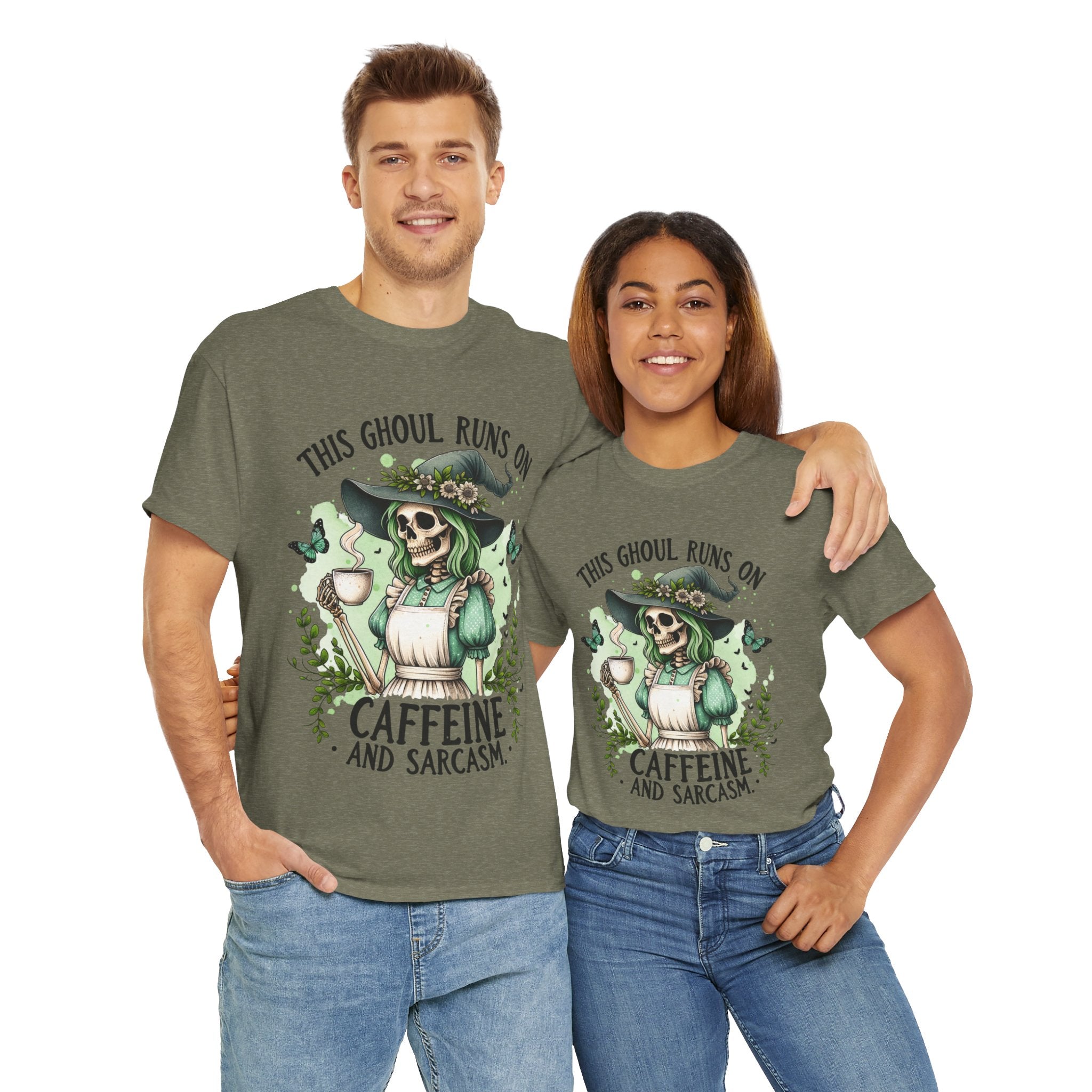 Caffeine and Sarcasm, Funny Halloween Tee, Unisex Tee, Perfect for Gifting, October Festivities, Casual Wear, Skeleton Graphic Tee