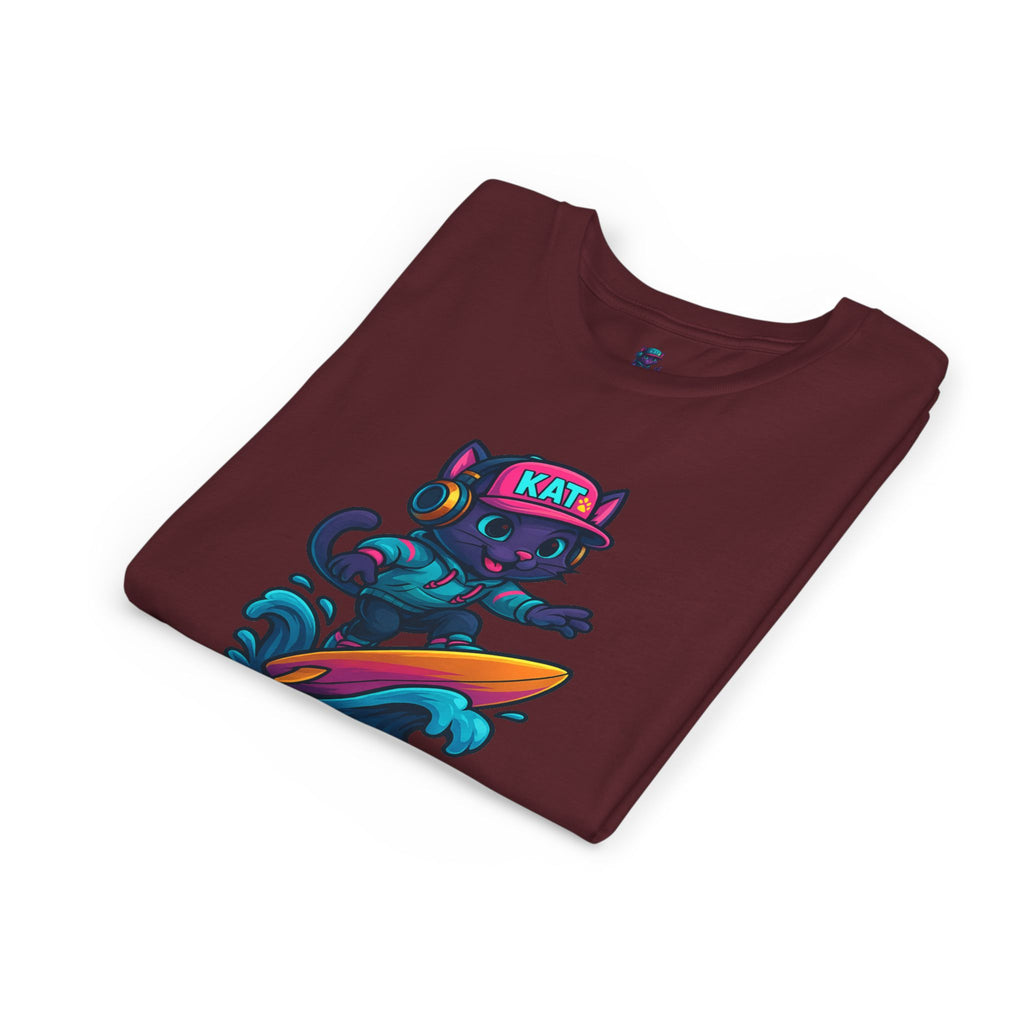 DJ KAT PAWS Paw-Sitive Waves Only, Youth Tee | Kids Surfing T-Shirt, Fun Cat Graphic Top, Summer Apparel, Gifts for Animal Lovers