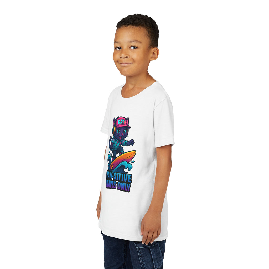 DJ KAT PAWS Paw-Sitive Waves Only, Youth Tee | Kids Surfing T-Shirt, Fun Cat Graphic Top, Summer Apparel, Gifts for Animal Lovers