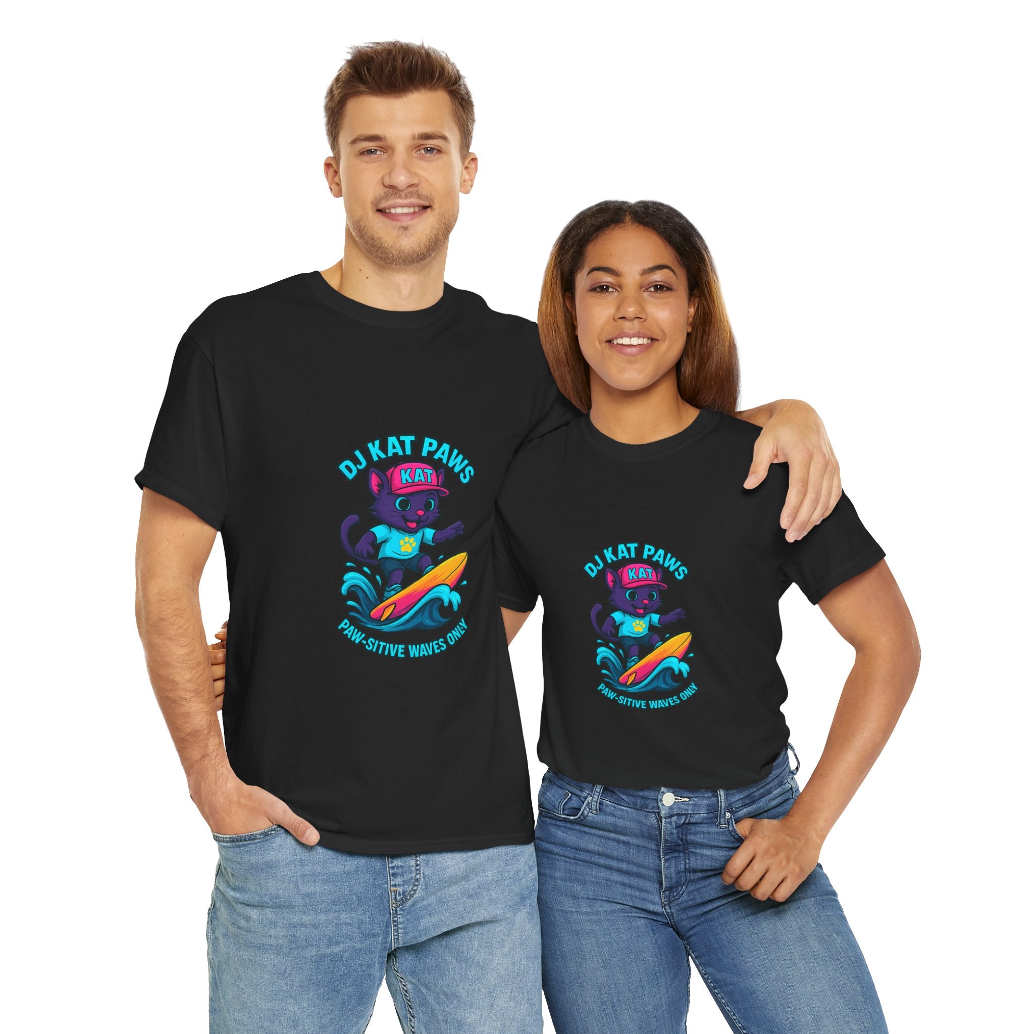 DJ KAT PAWS Surfing Fun T-Shirt | Stay Cool, Have Fun, Play Safe, Be You! | Fun Summer Tee, Gift for Cat Lovers, Beach Vibes