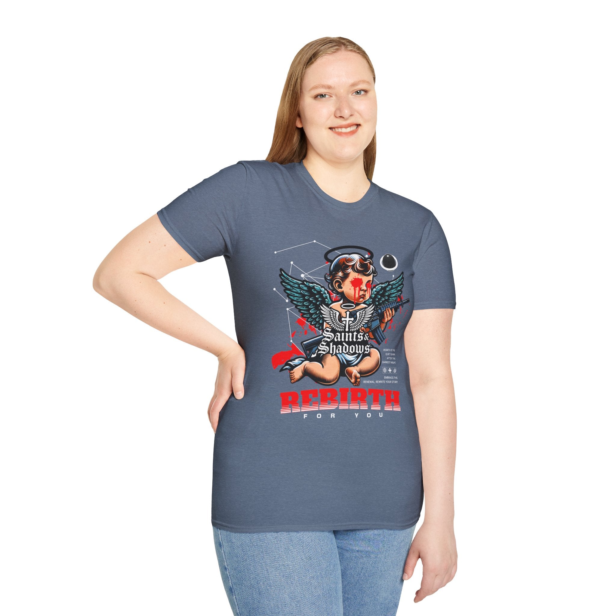 Saints and Shadows - Rebirth, Angelic Artwork Unisex Softstyle T-Shirt, Casual Wear